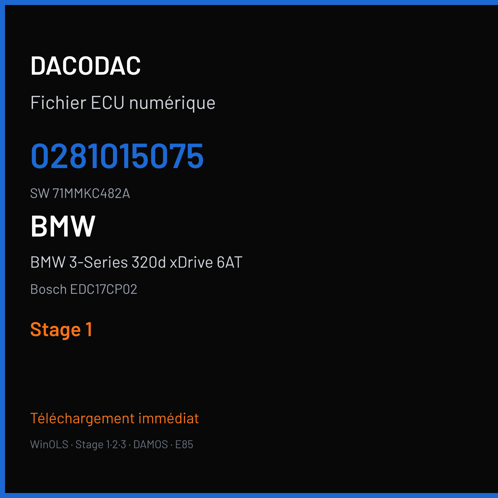 BMW 3-Series 320d xDrive 6AT 176 ch (2008) — Bosch EDC17CP02 — 0281015075 · 71MMKC482A · 395778 — Stage 1