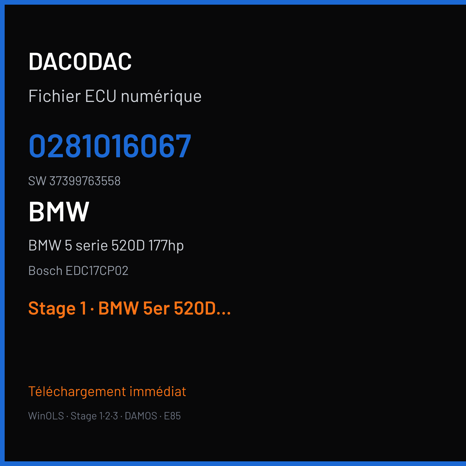 BMW 5 serie 520D 177hp 163 ch (2009) — Bosch EDC17CP02 — 0281016067 · 37399763558 · S32778 — Stage 1