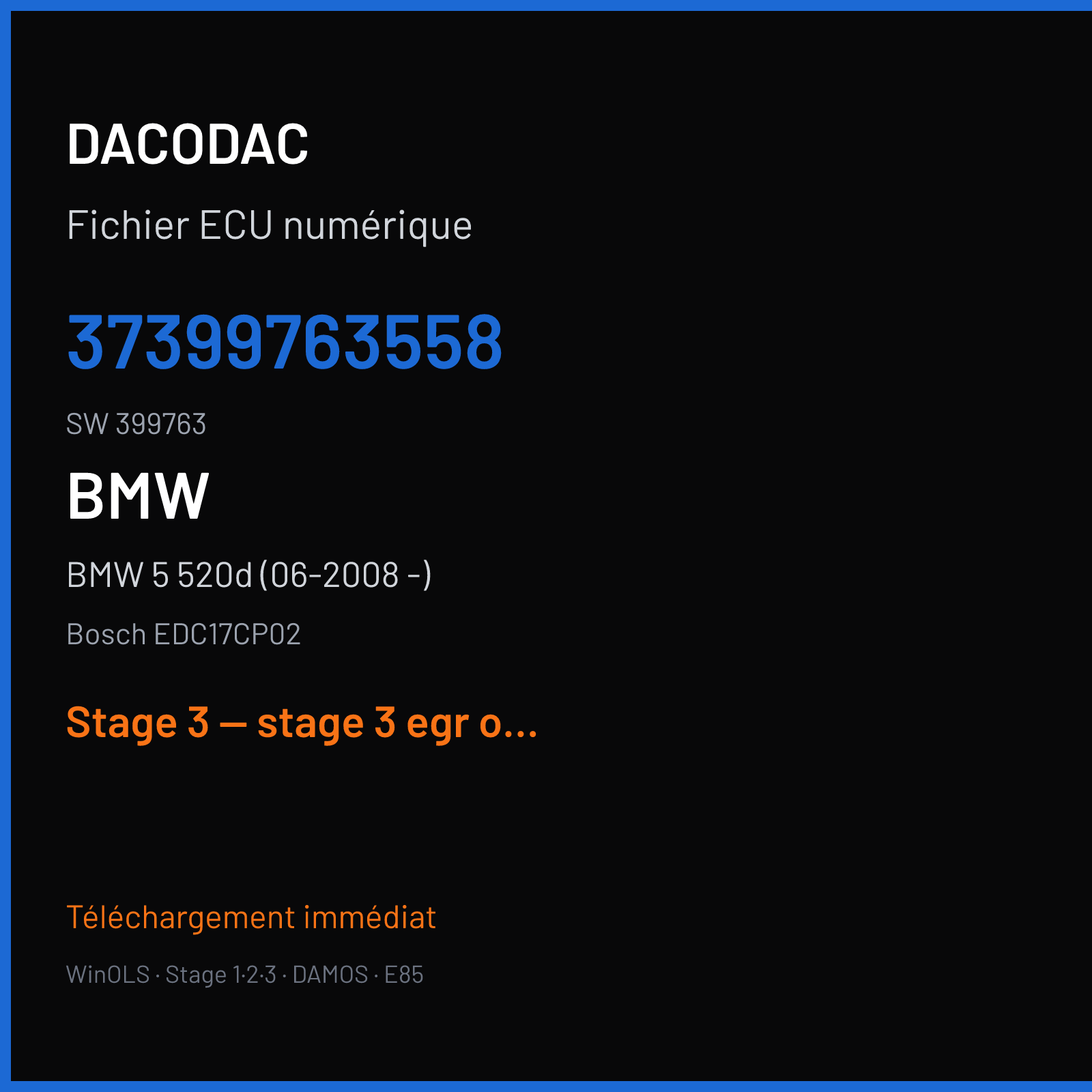 BMW 5 520d (06-2008 -) (2009) — Bosch EDC17CP02 — 37399763558 · 399763 — Stage 3 — stage 3 egr off dpf off
