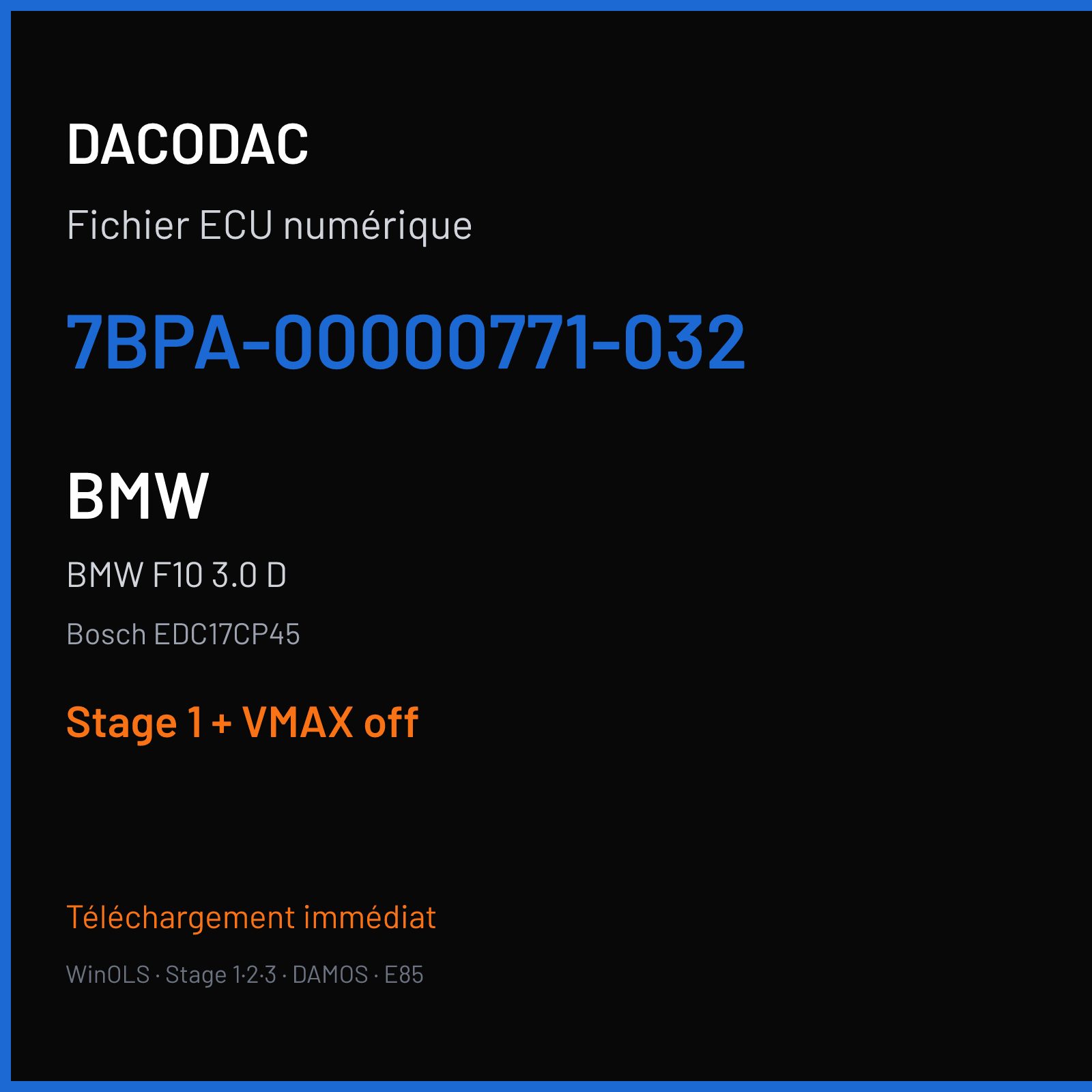 BMW F10 3.0 D (2010) — Bosch EDC17CP45 — 7BPA-00000771-032 — Stage 1 + VMAX off
