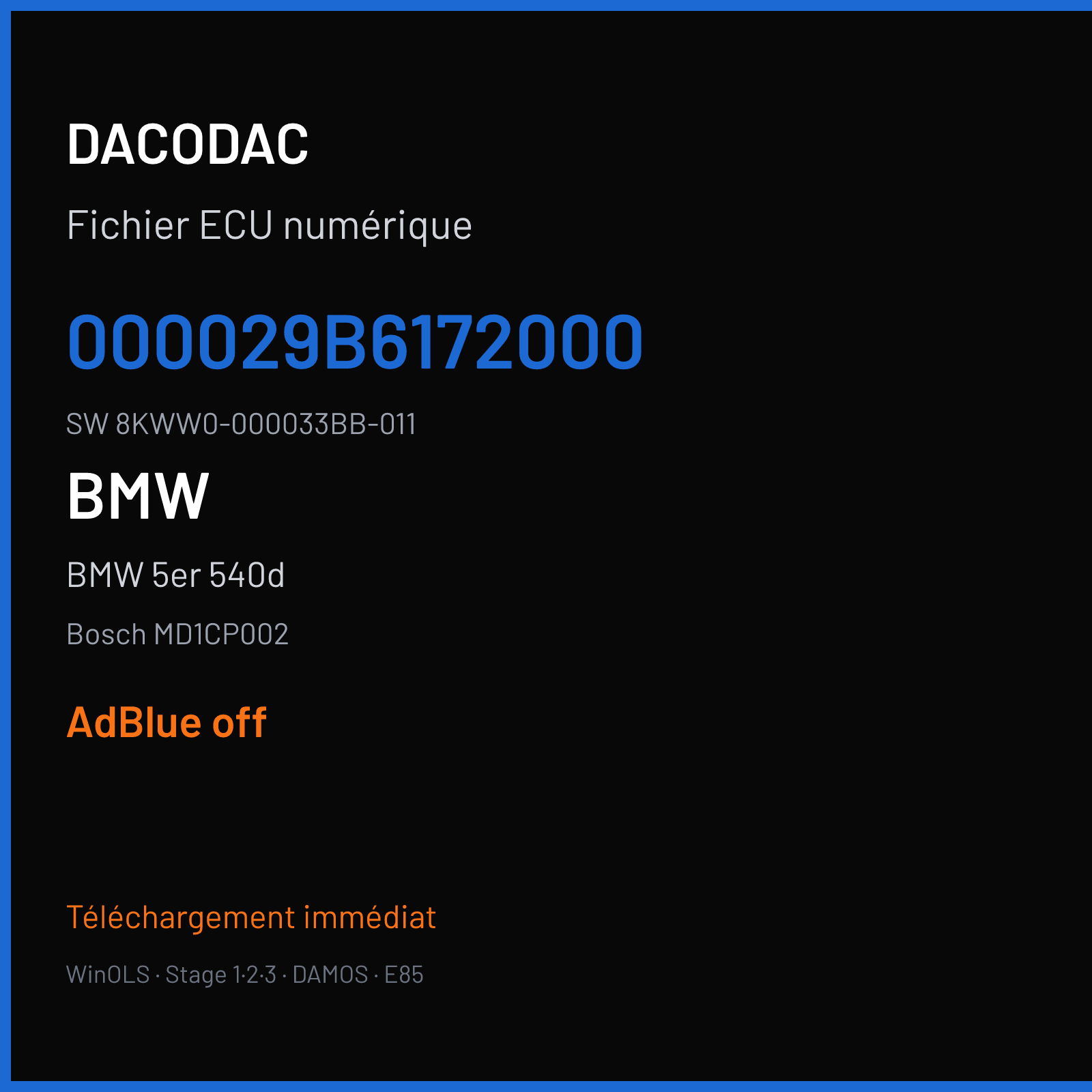 BMW 5er 540d 320 ch (2017) — Bosch MD1CP002 — 000029B6172000 · 8KWW0-000033BB-011 · 000029B8172000 — ADBLUE off