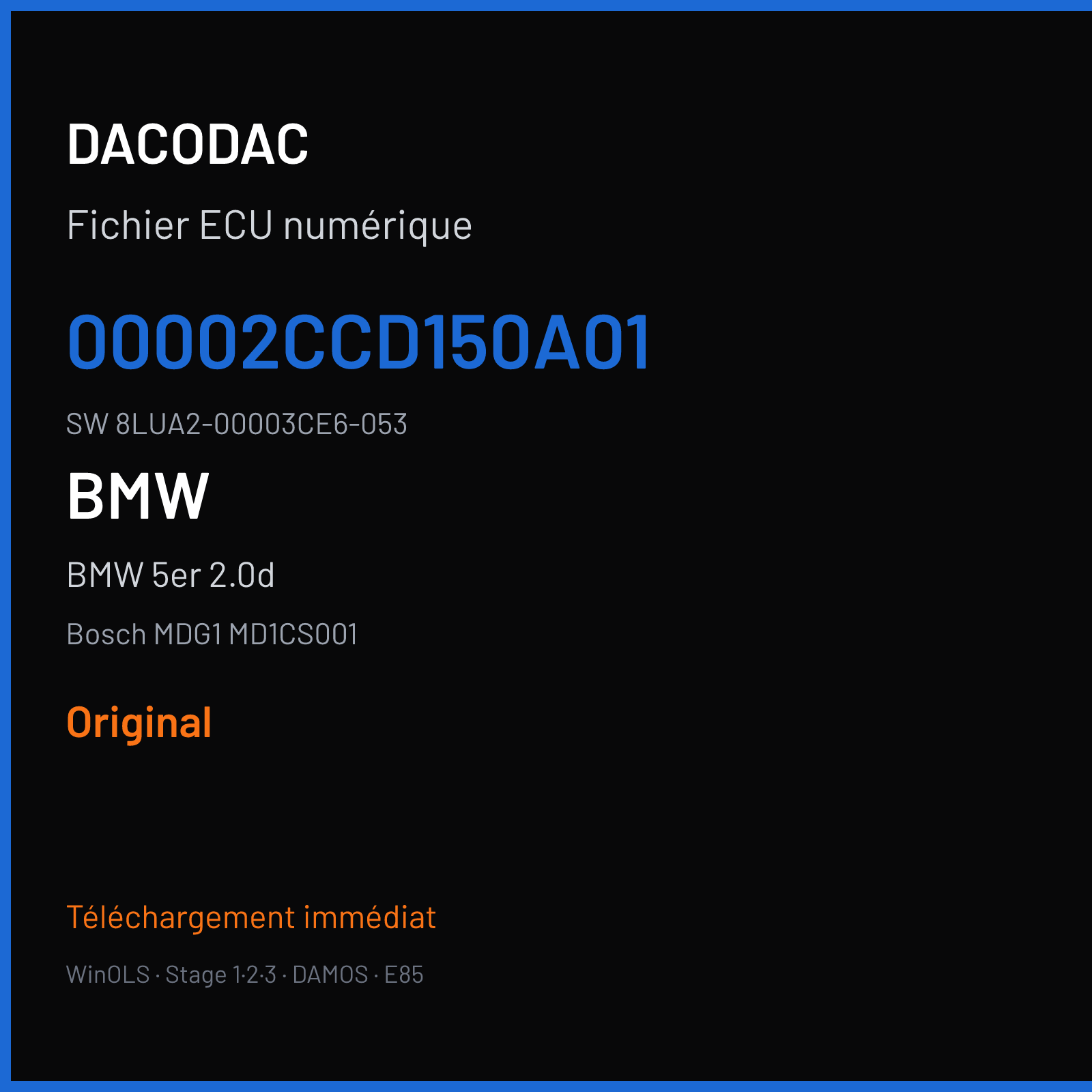 BMW 5er 2.0d 190 ch (2018) — Bosch MDG1 MD1CS001 — 00002CCD150A01 · 8LUA2-00003CE6-053 · 00002CCE150A02 — Original