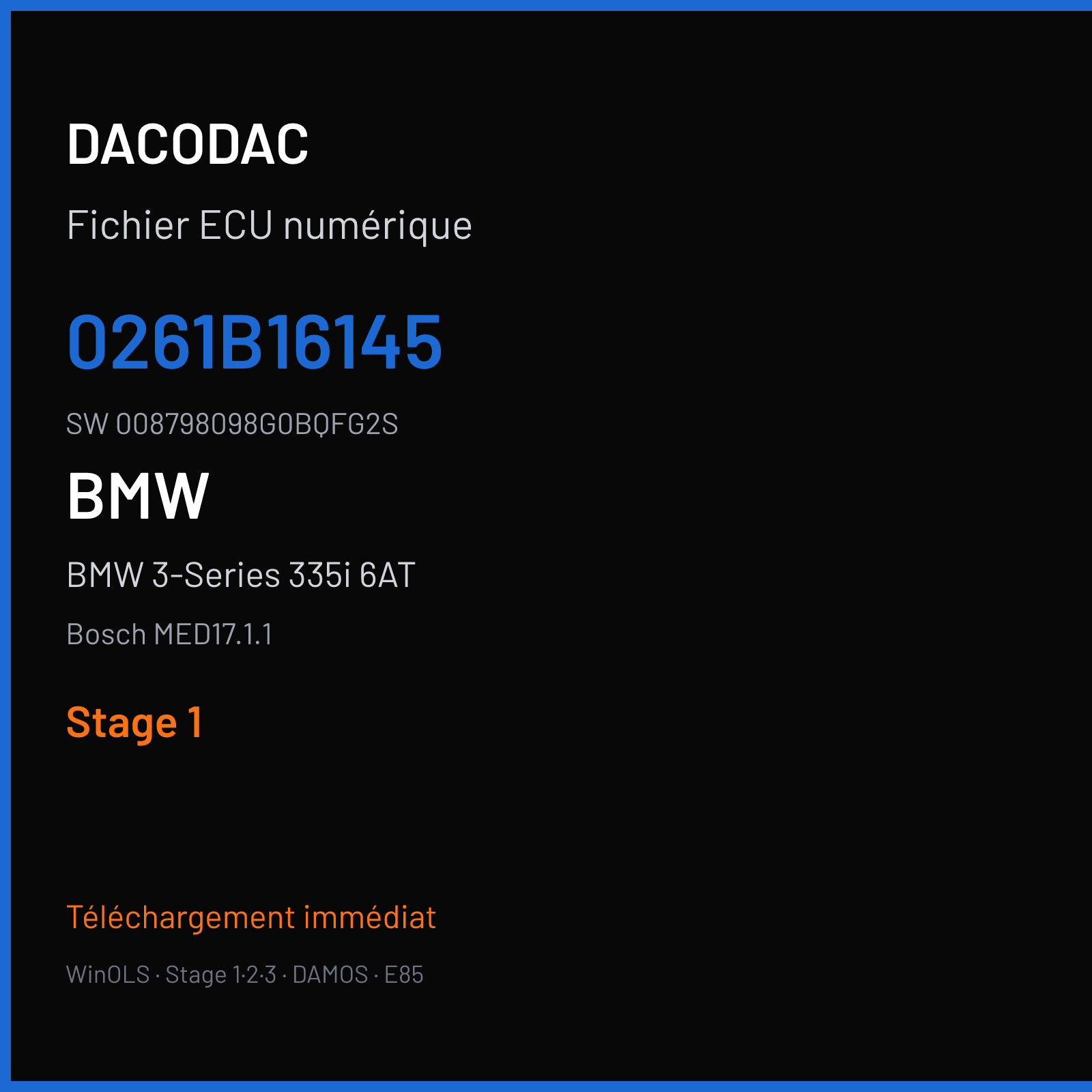 BMW 3-Series 335i 6AT 305 ch (2011) — Bosch MED17.1.1 — 0261B16145 · 008798098G0BQFG2S · 533822 — Stage 1