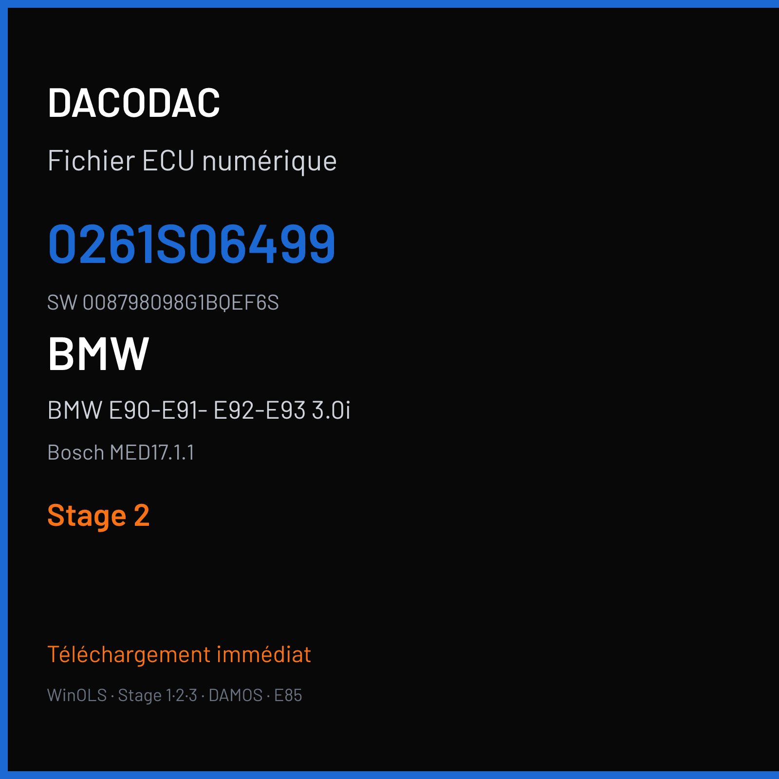 BMW E90-E91- E92-E93 3.0i 306 ch (2010) — Bosch MED17.1.1 — 0261S06499 · 008798098G1BQEF6S · 004309 — Stage 2
