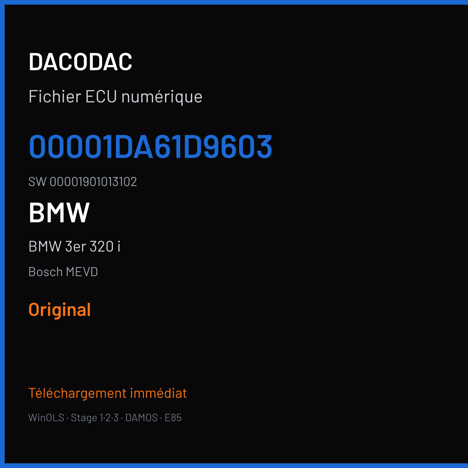 BMW 3er 320 i 180 ch (2018) — Bosch MEVD — 00001DA61D9603 · 00001901013102 · 017243 — Original