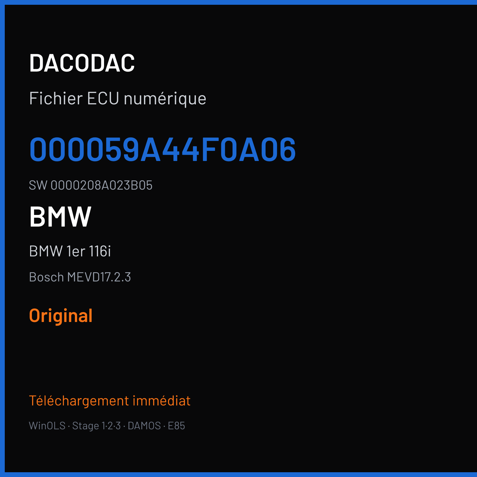 BMW 1er 116i 136 ch (2019) — Bosch MEVD17.2.3 — 000059A44F0A06 · 0000208A023B05 · 036943 — Original