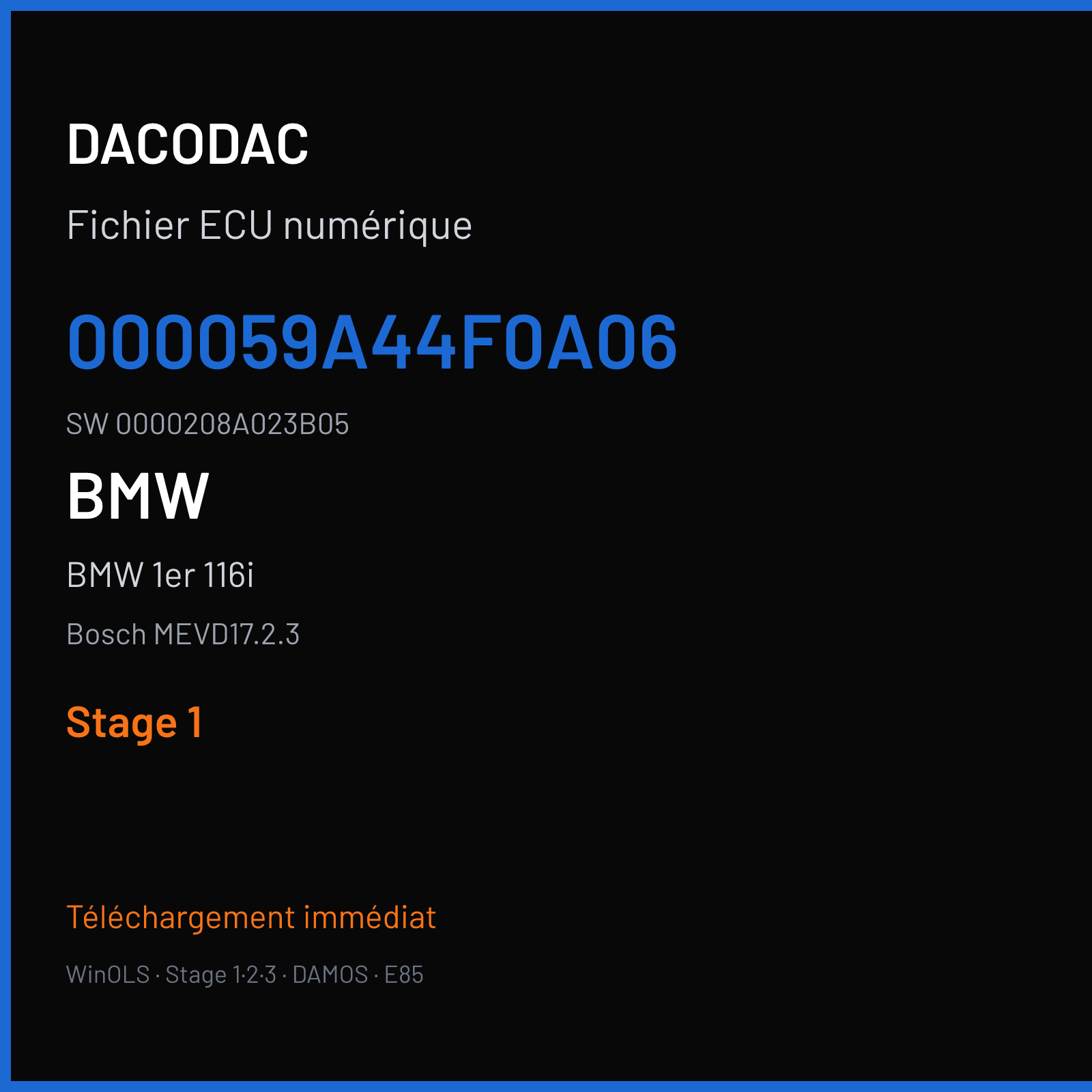 BMW 1er 116i 136 ch (2019) — Bosch MEVD17.2.3 — 000059A44F0A06 · 0000208A023B05 · 036943 — Stage 1