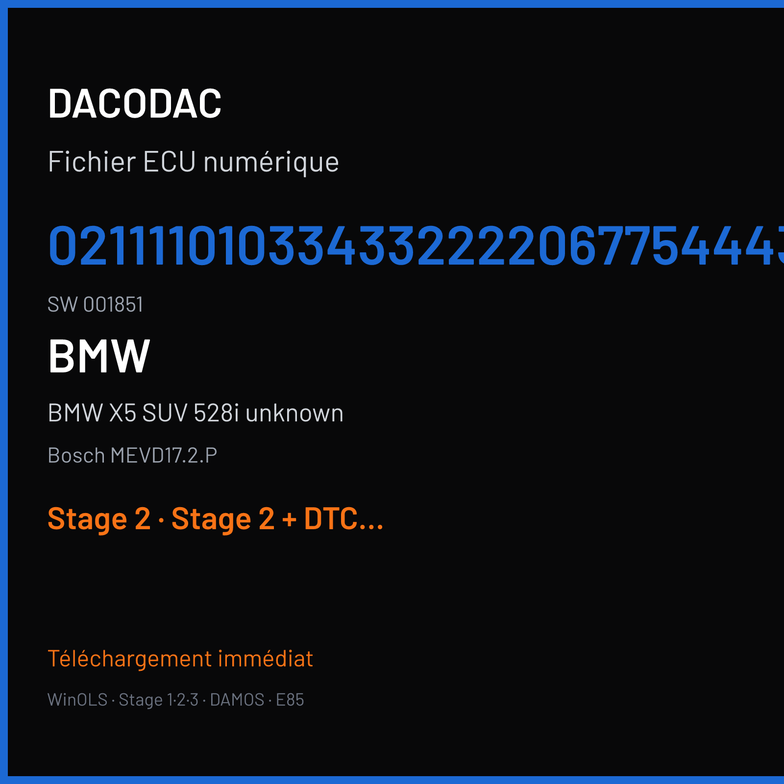 BMW X5 SUV 528i unknown — Bosch MEVD17.2.P — 02111101033433222206775444331 · 001851 — Stage 2