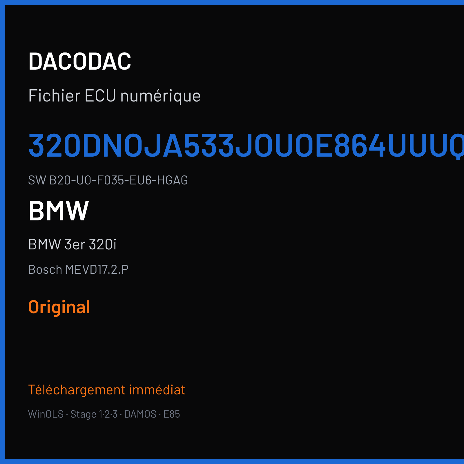 BMW 3er 320i 184 ch — Bosch MEVD17.2.P — 320DNOJA533JOUOE864UUUQG · B20-U0-F035-EU6-HGAG · 001858 — Original