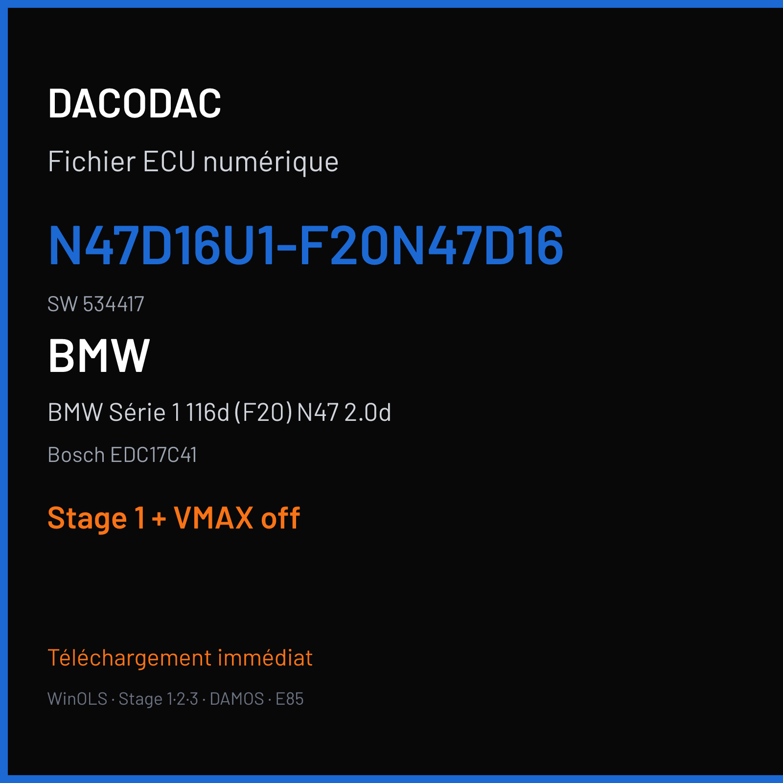BMW Série 1 116d (F20) N47 2.0d (2015) — Bosch EDC17C41 — N47D16U1-F20N47D16 · 534417 — Stage 1 + VMAX off
