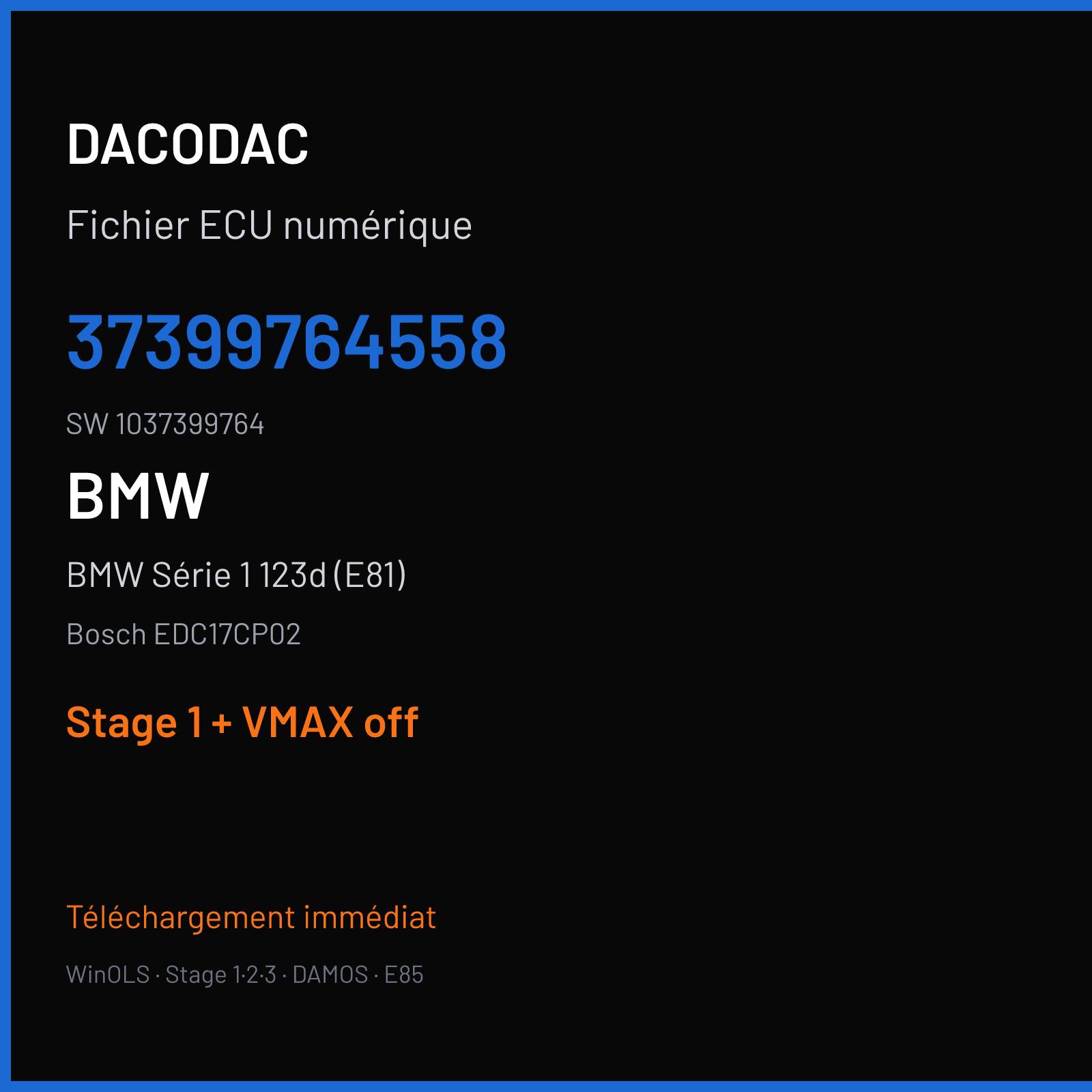 BMW Série 1 123d (E81) (2009) — Bosch EDC17CP02 — 37399764558 · 1037399764 — Stage 1 + VMAX off