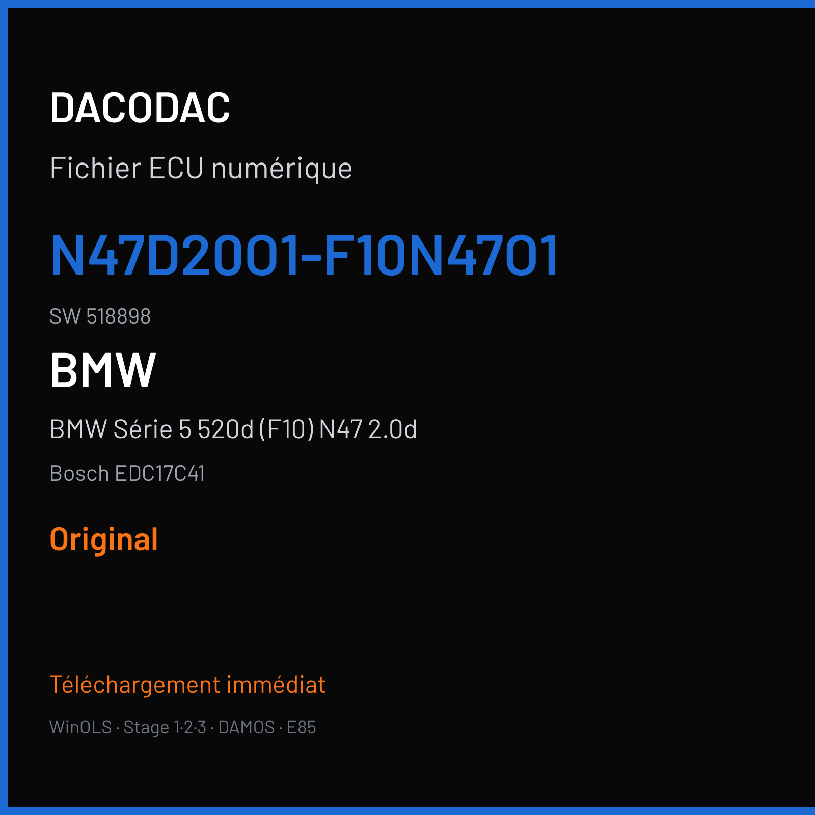 BMW Série 5 520d (F10) N47 2.0d (2012) — Bosch EDC17C41 — N47D20O1-F10N47O1 · 518898 — Original