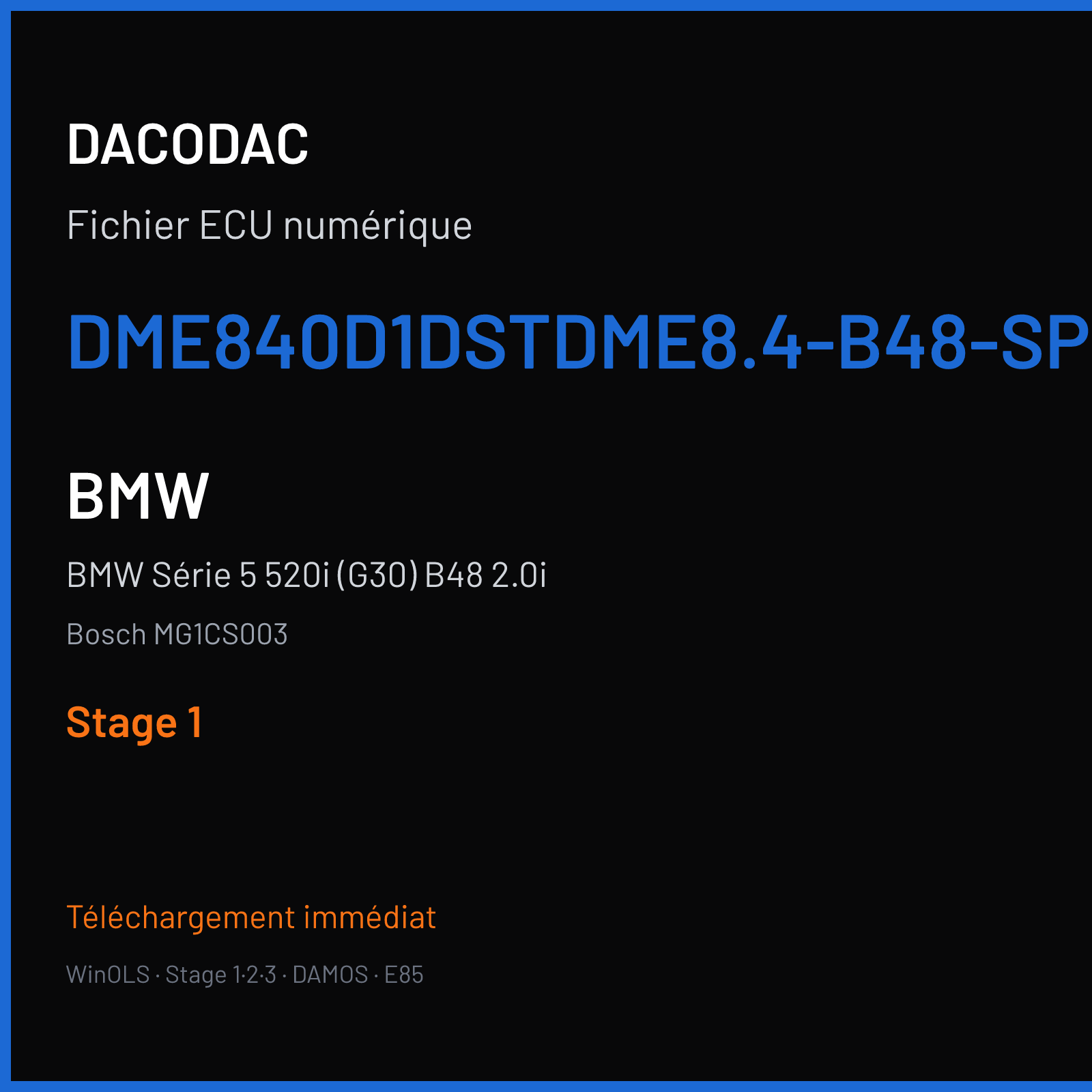 BMW Série 5 520i (G30) B48 2.0i (2018) — Bosch MG1CS003 — DME840D1DSTDME8.4-B48-SP15-M0-B20-G30-ECE-EU6C---HG-AG-LL-RL-RWD-PVL — Stage 1