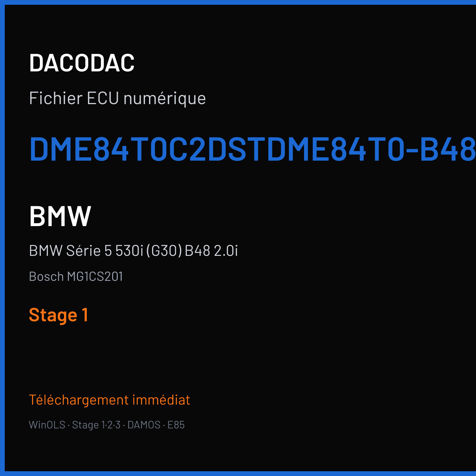 BMW Série 5 530i (G30) B48 2.0i (2018) — Bosch MG1CS201 — DME84T0C2DSTDME84T0-B48-S15A-G30-B48B20O1-RWD-ECE--EU6C-PVL — Stage 1