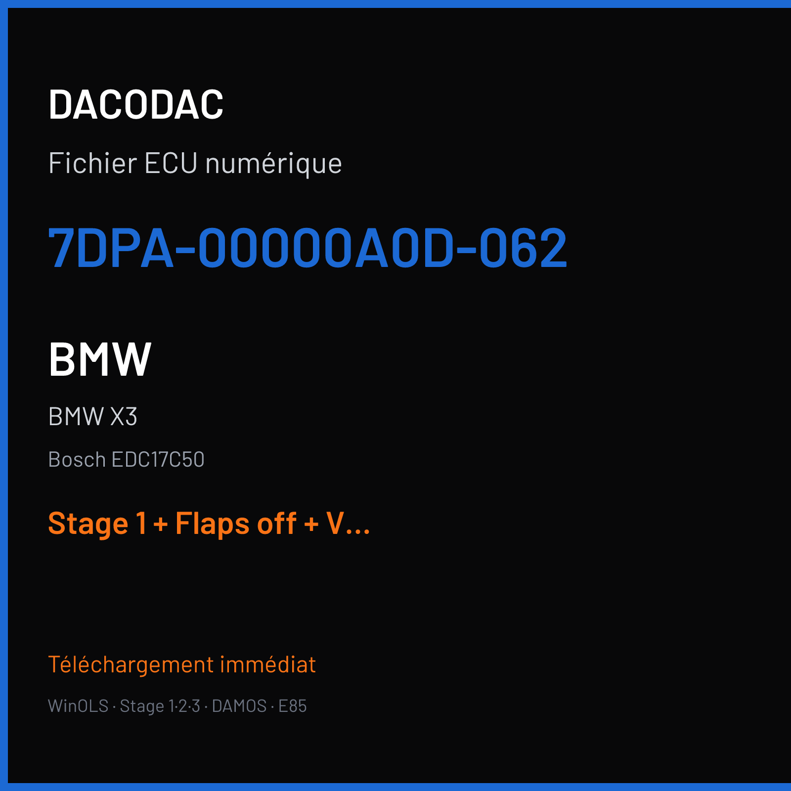 BMW X3 (2010) — Bosch EDC17C50 — 7DPA-00000A0D-062 — Stage 1 + Flaps off + VMAX off