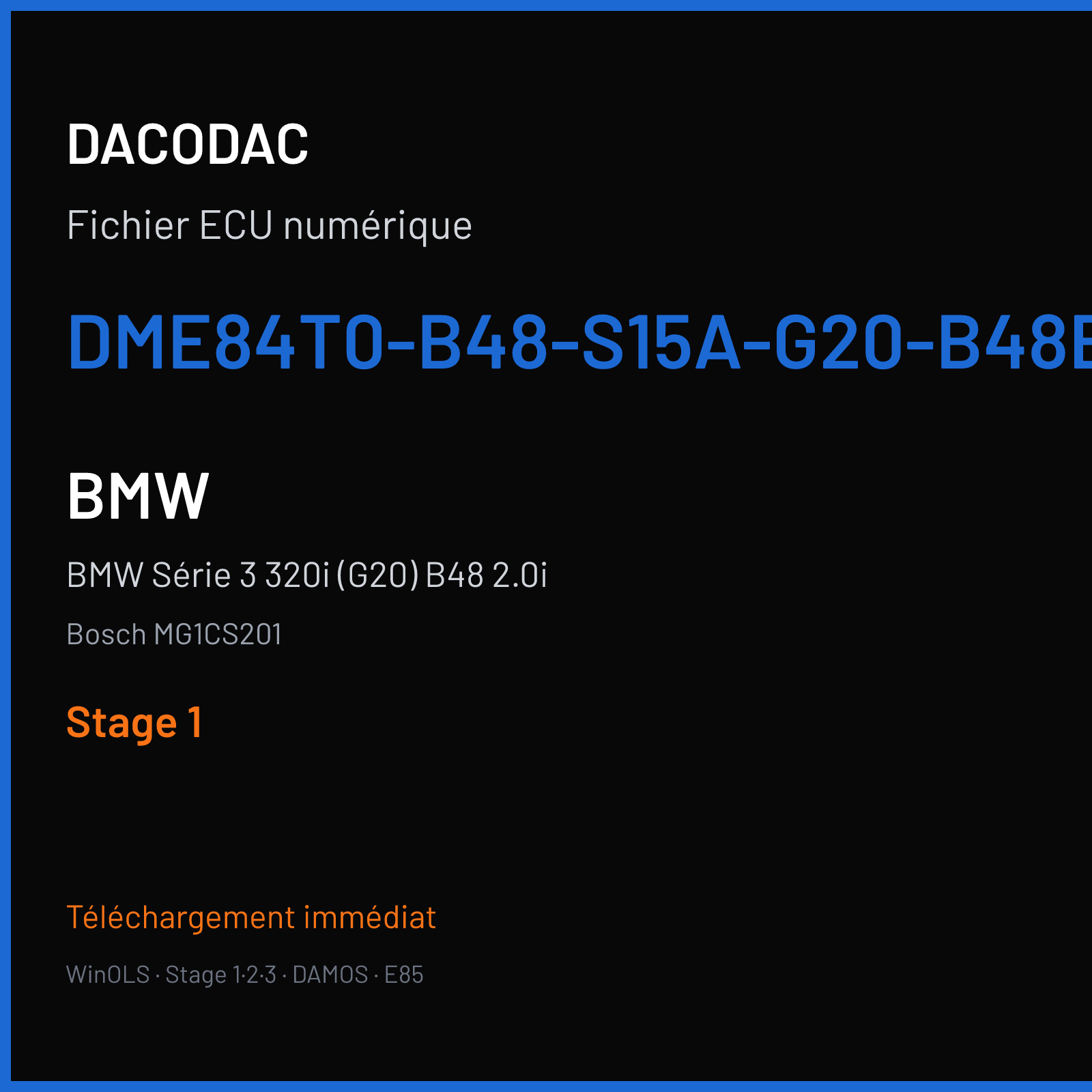 BMW Série 3 320i (G20) B48 2.0i (2019) — Bosch MG1CS201 — DME84T0-B48-S15A-G20-B48B20O1-RWD-ECE-REU6D-TEMP-135KW-300NM-OPF-PVL — Stage 1