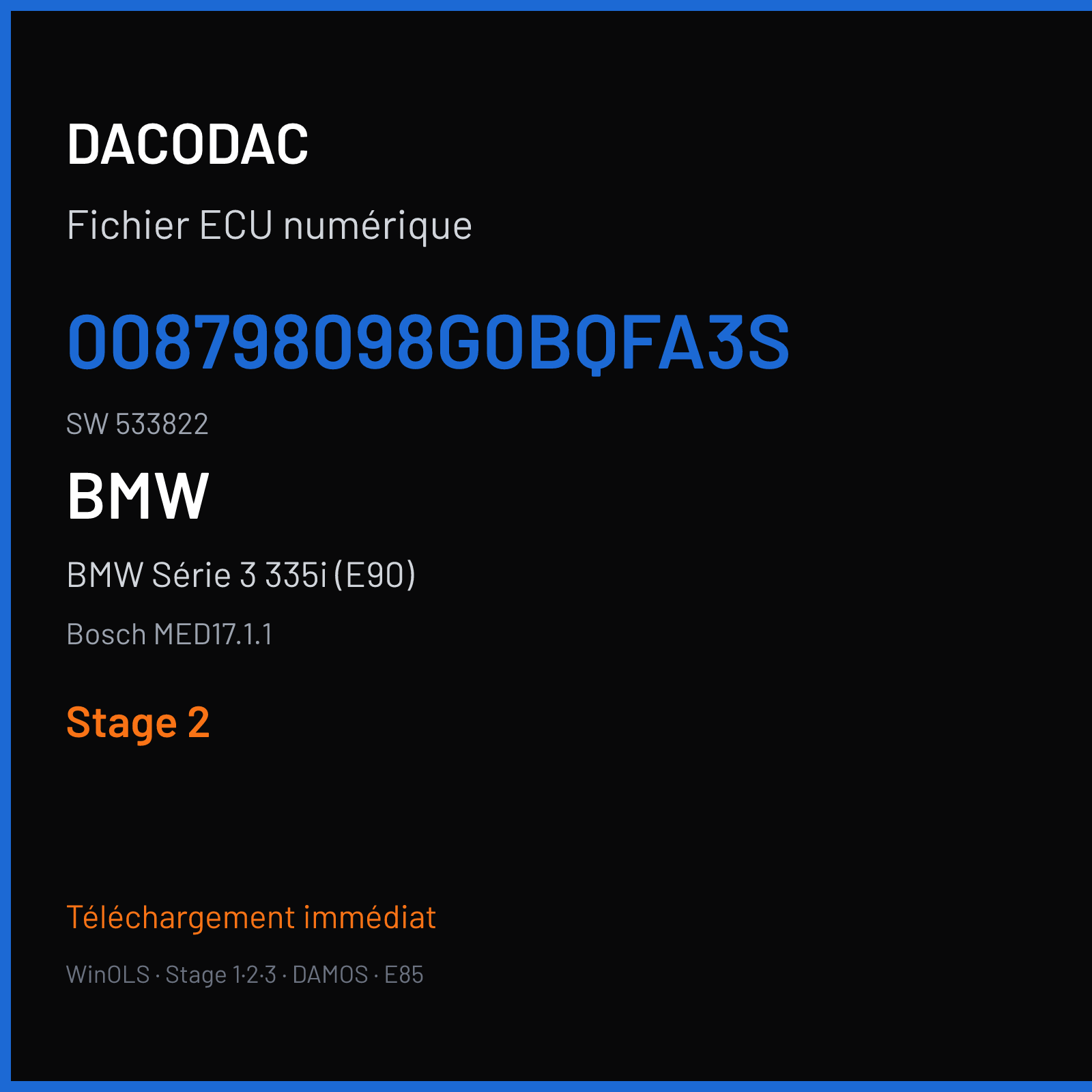 BMW Série 3 335i (E90) (2011) — Bosch MED17.1.1 — 008798098G0BQFA3S · 533822 — Stage 2