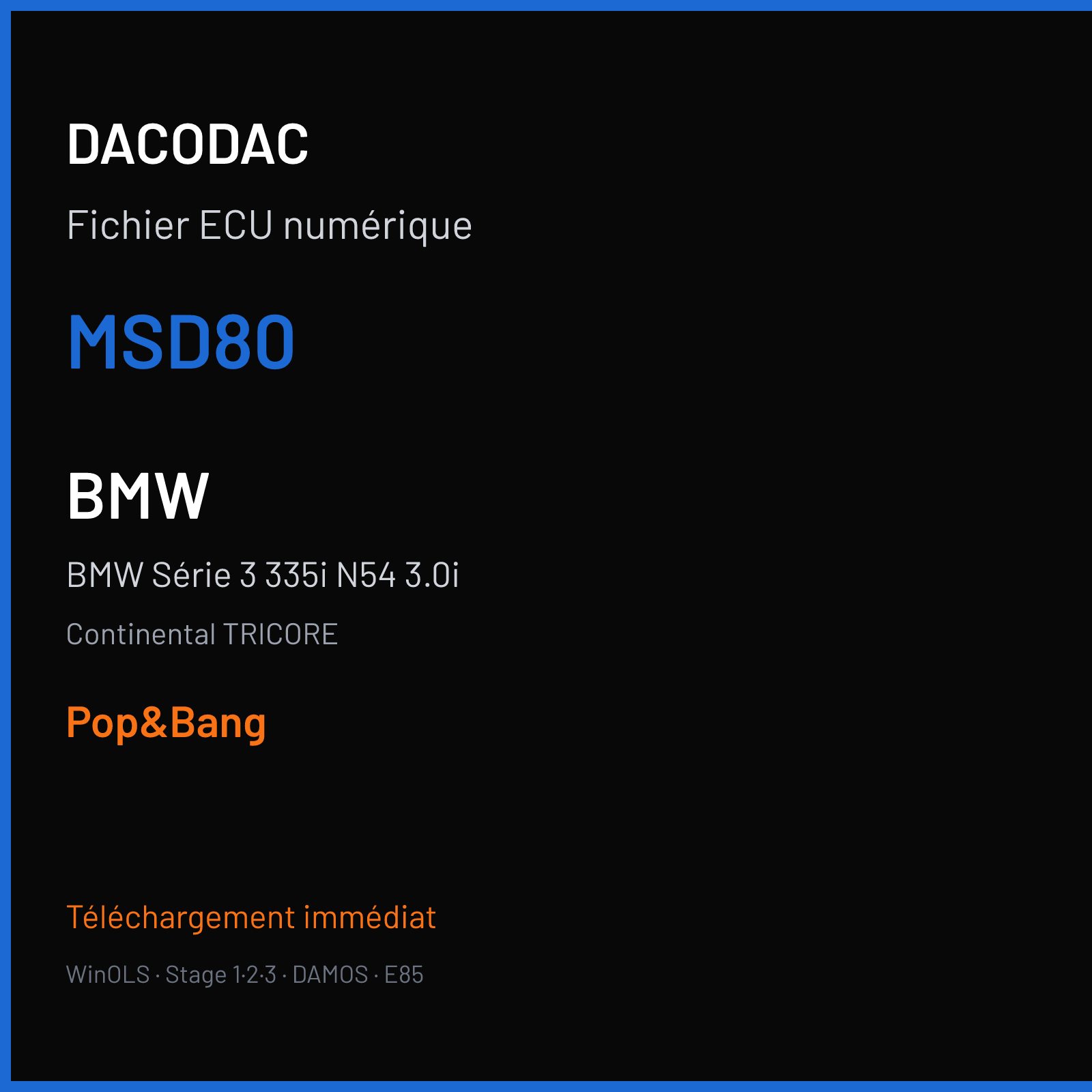 BMW Série 3 335i N54 3.0i (2005) — Continental TRICORE — MSD80 — Pop&Bang