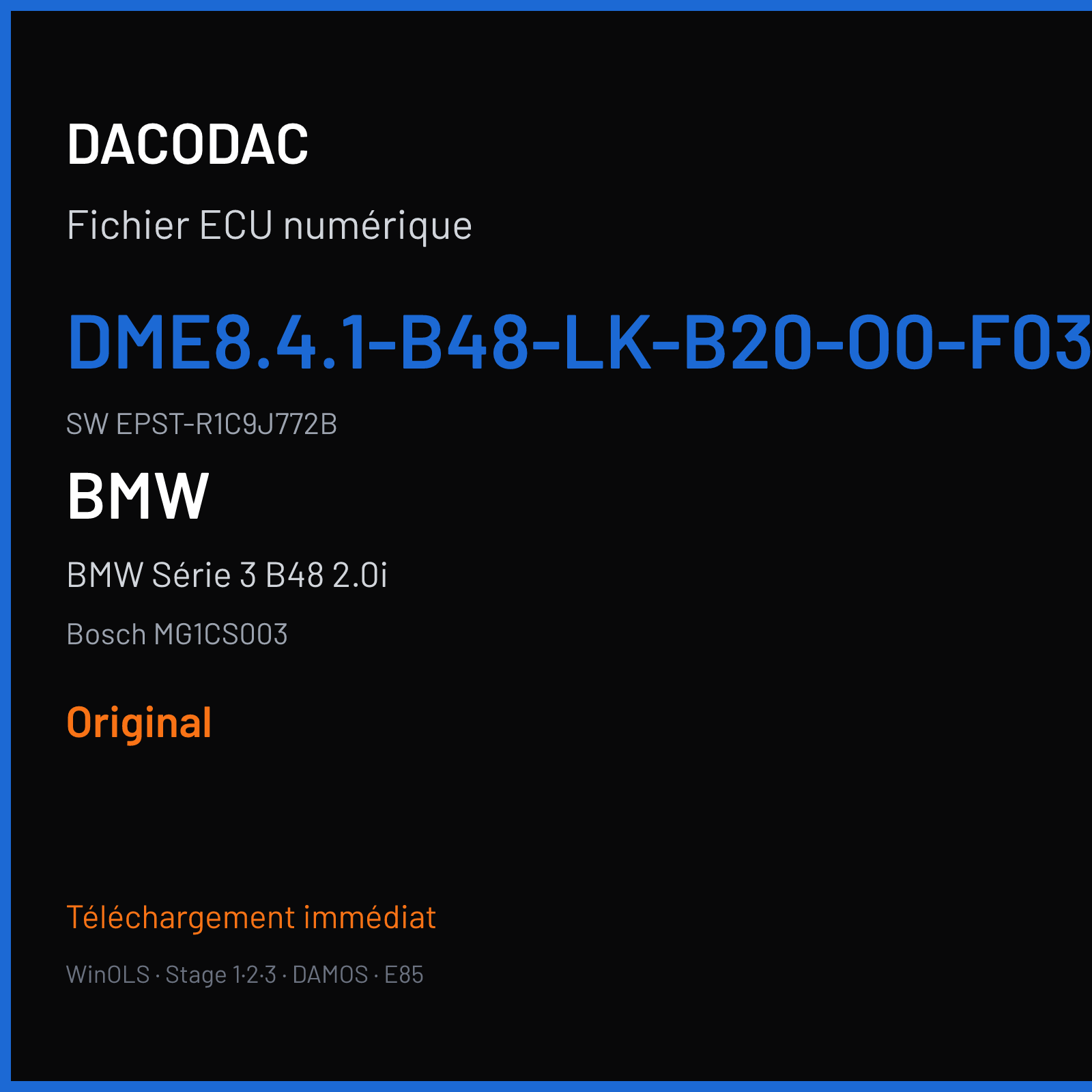 BMW Série 3 B48 2.0i (2015) — Bosch MG1CS003 — DME8.4.1-B48-LK-B20-O0-F030-ECE-EU6C-- · EPST-R1C9J772B — Original