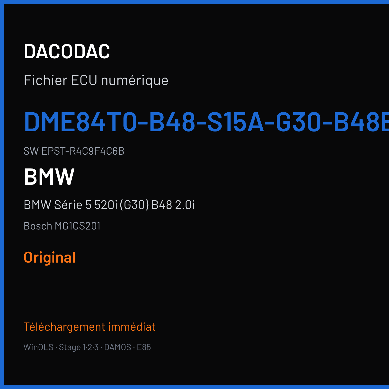 BMW Série 5 520i (G30) B48 2.0i (2019) — Bosch MG1CS201 — DME84T0-B48-S15A-G30-B48B20O1-RWD-ECE- · EPST-R4C9F4C6B — Original