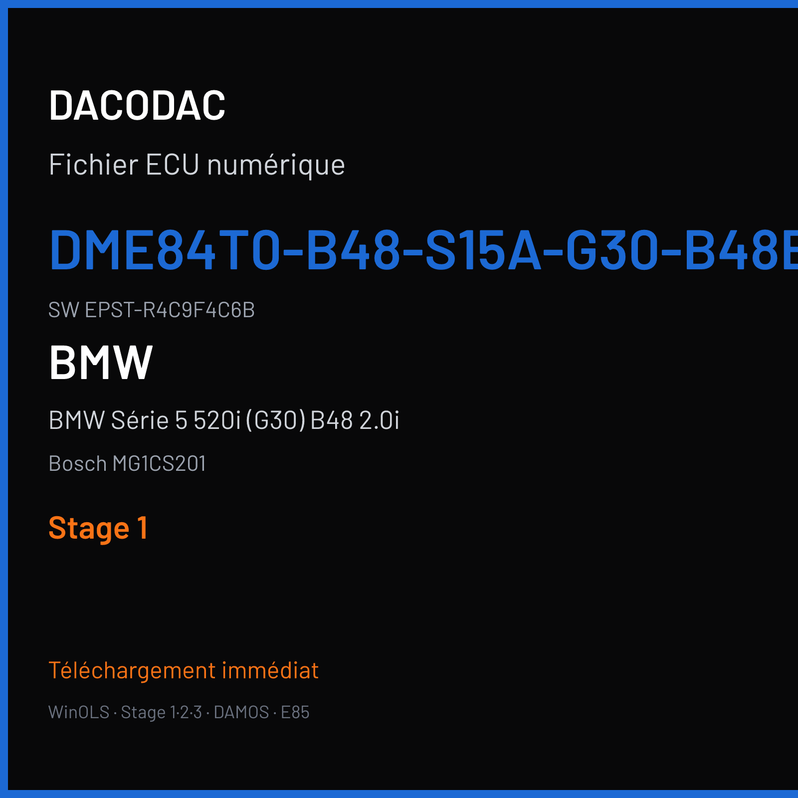 BMW Série 5 520i (G30) B48 2.0i (2019) — Bosch MG1CS201 — DME84T0-B48-S15A-G30-B48B20O1-RWD-ECE- · EPST-R4C9F4C6B — Stage 1