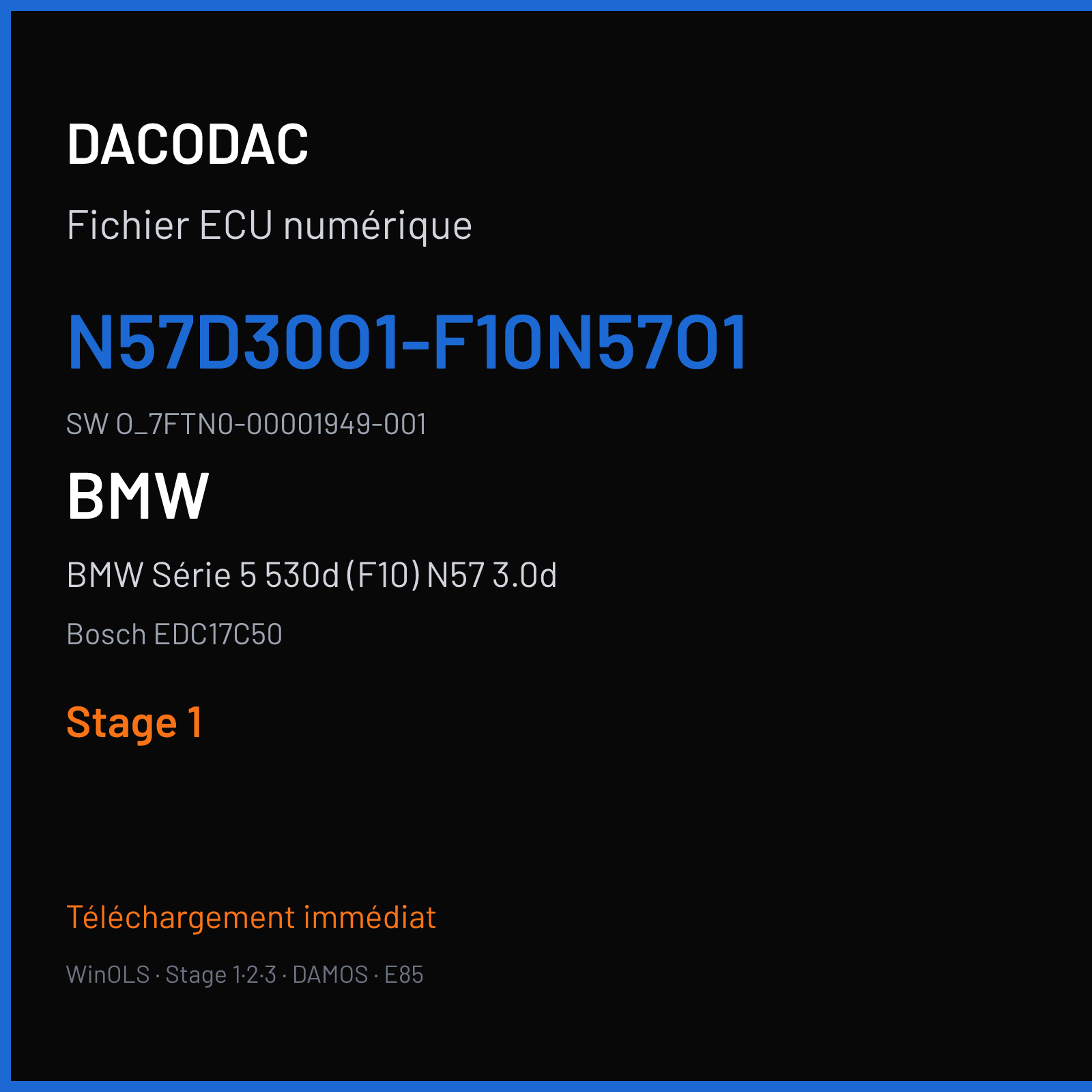 BMW Série 5 530d (F10) N57 3.0d (2015) — Bosch EDC17C50 — N57D30O1-F10N57O1 · O_7FTN0-00001949-001 — Stage 1