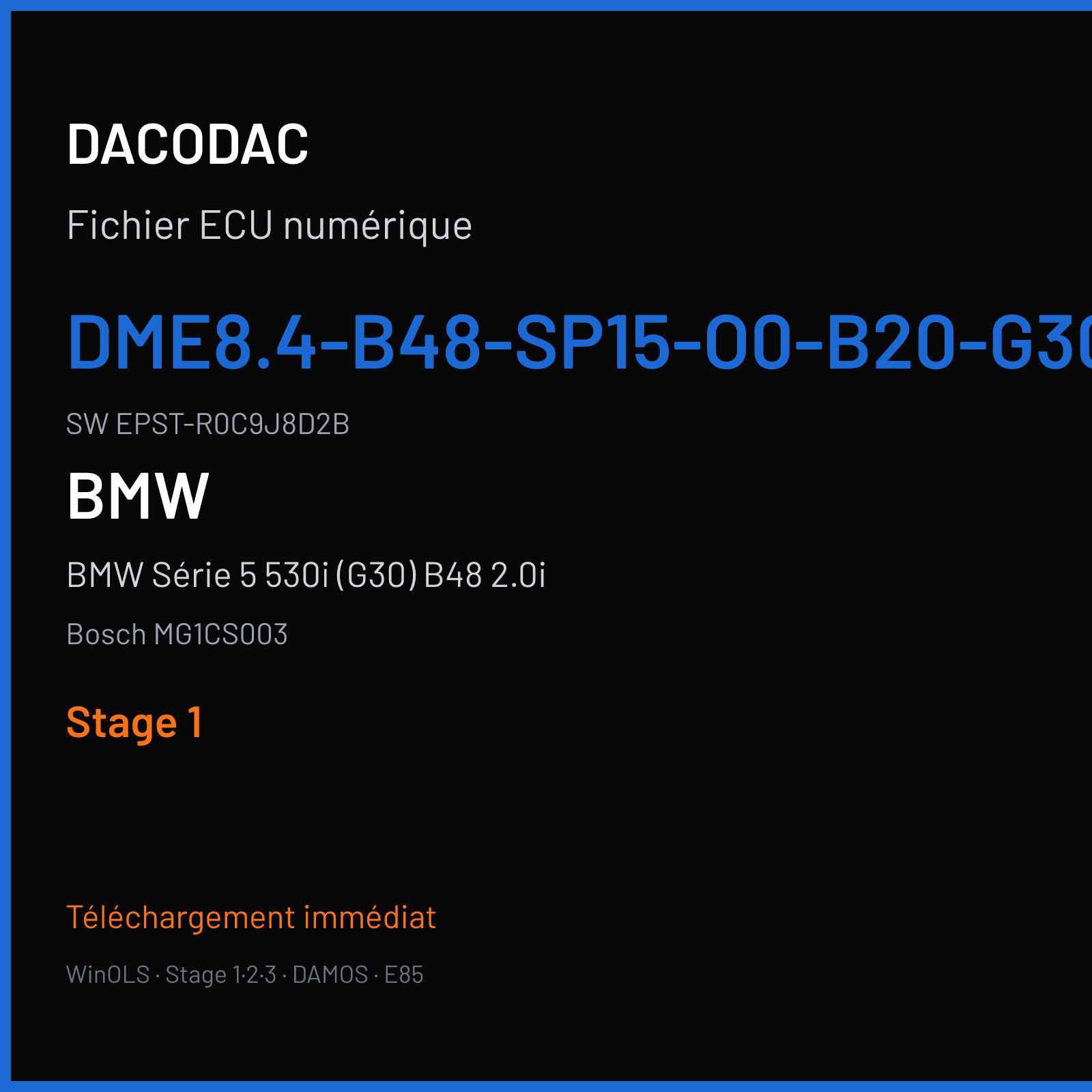 BMW Série 5 530i (G30) B48 2.0i (2017) — Bosch MG1CS003 — DME8.4-B48-SP15-O0-B20-G30-ECE-EU6C--- · EPST-R0C9J8D2B — Stage 1