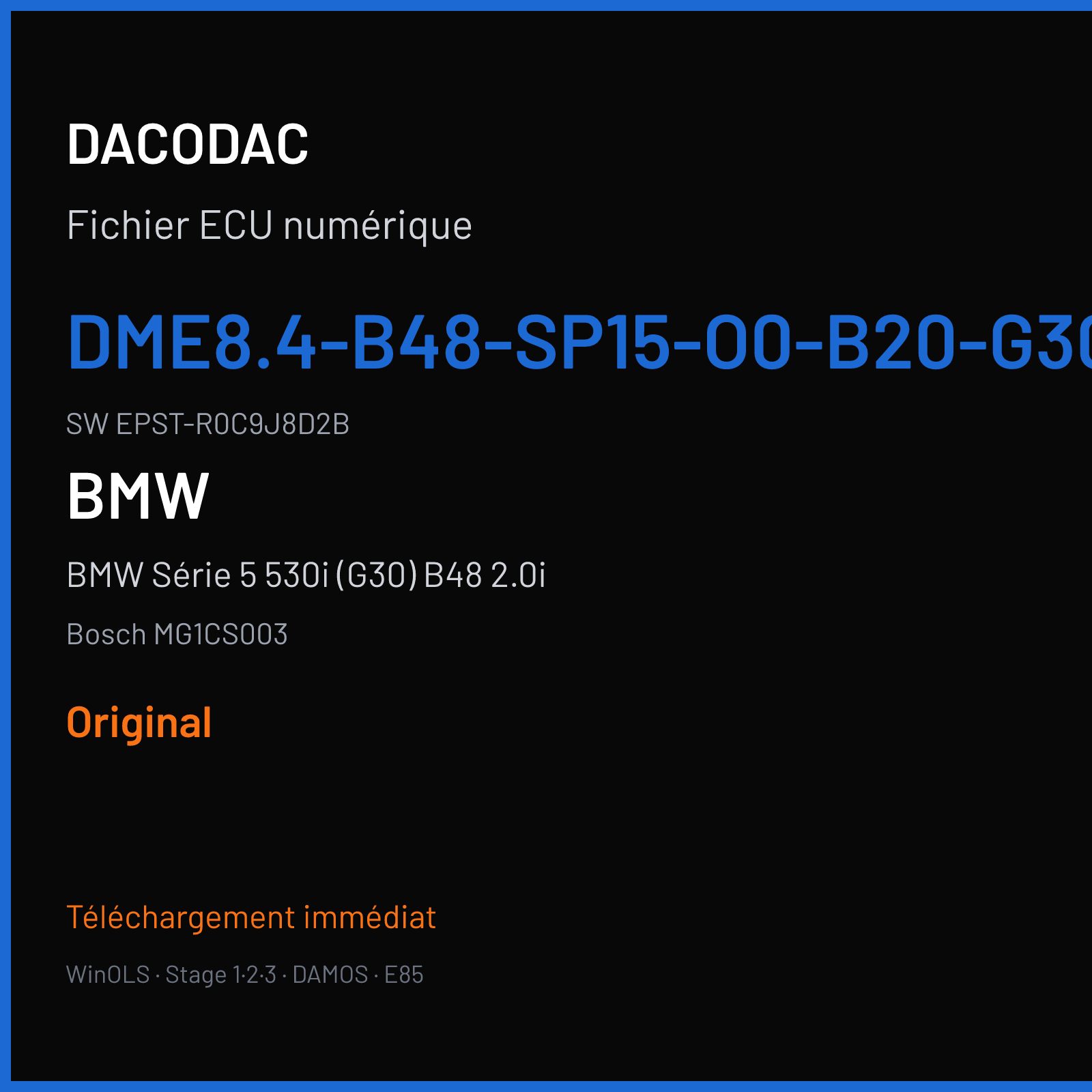 BMW Série 5 530i (G30) B48 2.0i (2018) — Bosch MG1CS003 — DME8.4-B48-SP15-O0-B20-G30-EU6-HG-AG-- · EPST-R0C9J8D2B — Original