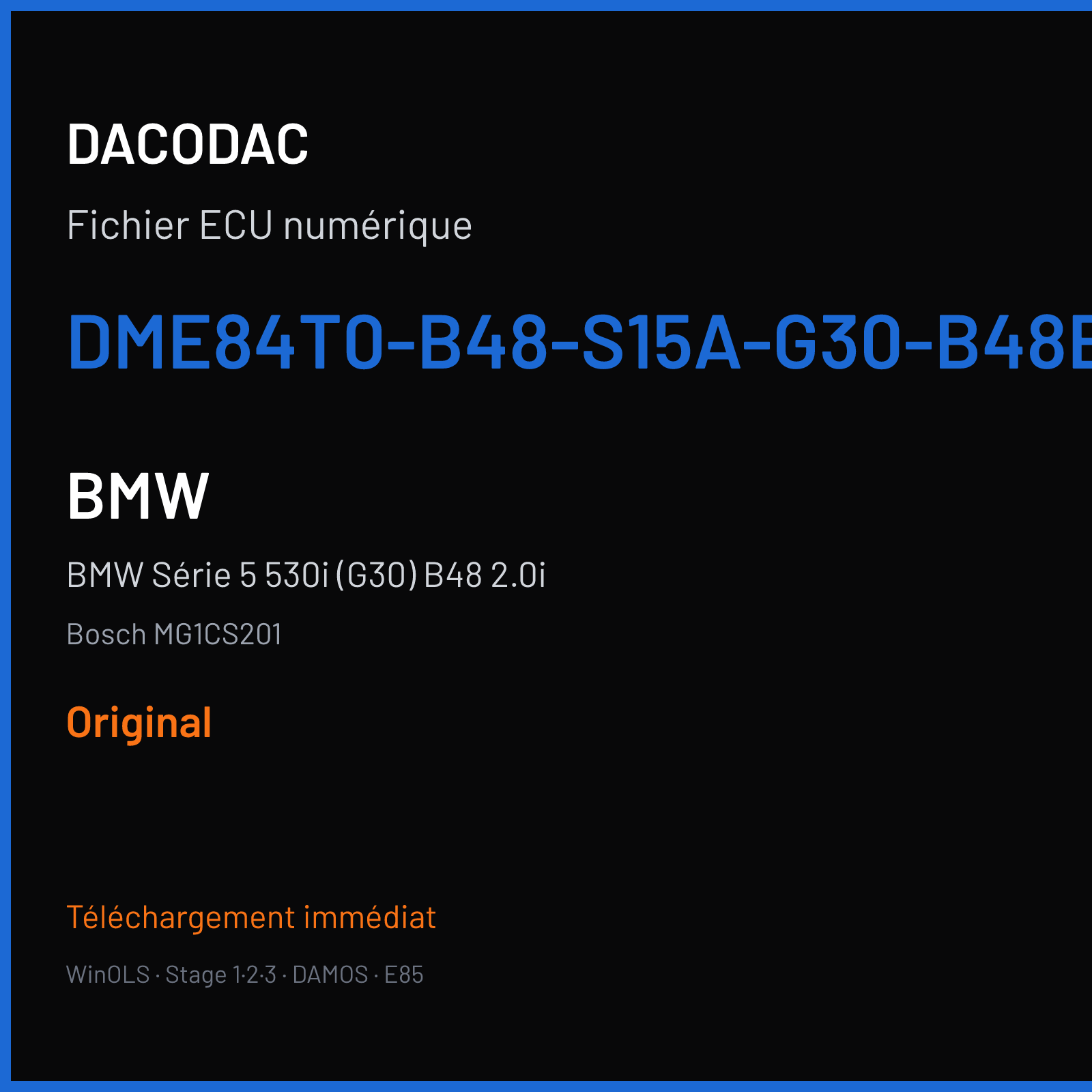 BMW Série 5 530i (G30) B48 2.0i (2019) — Bosch MG1CS201 — DME84T0-B48-S15A-G30-B48B20O1-AWD-ECE-R-EU6C-PVL — Original