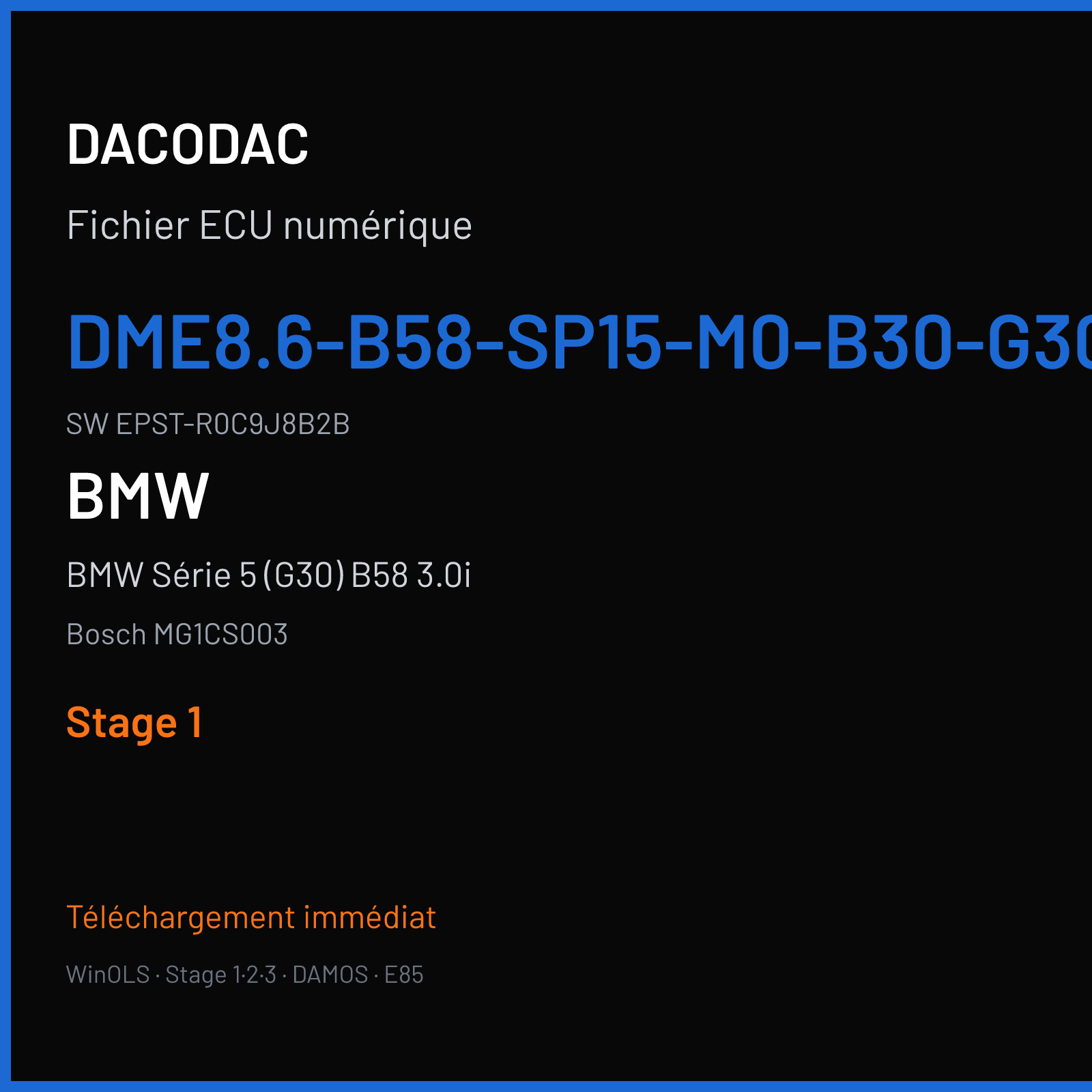 BMW Série 5 (G30) B58 3.0i (2018) — Bosch MG1CS003 — DME8.6-B58-SP15-M0-B30-G30-ECE-EU6C--- · EPST-R0C9J8B2B — Stage 1