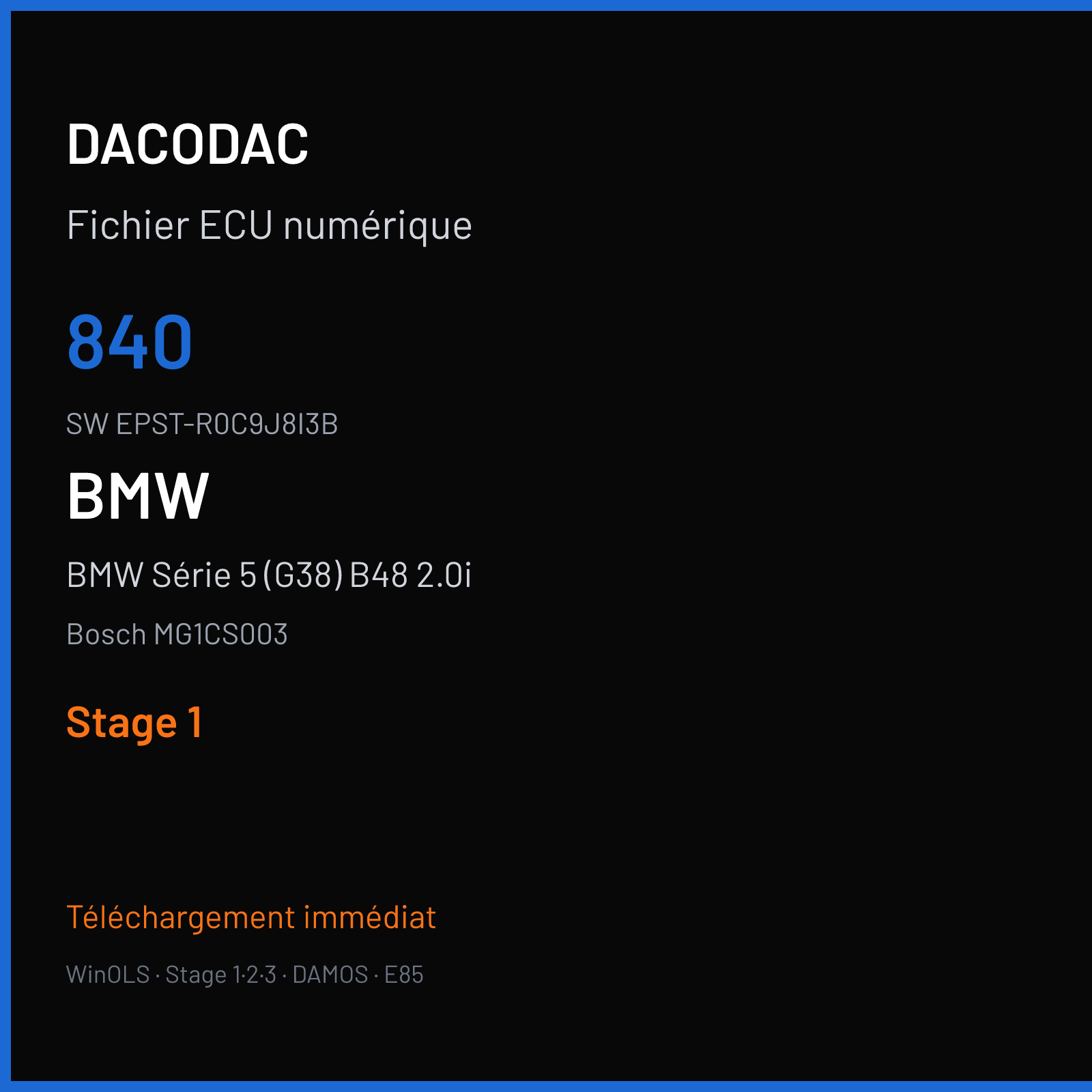 BMW Série 5 (G38) B48 2.0i (2018) — Bosch MG1CS003 — 840 · EPST-R0C9J8I3B — Stage 1