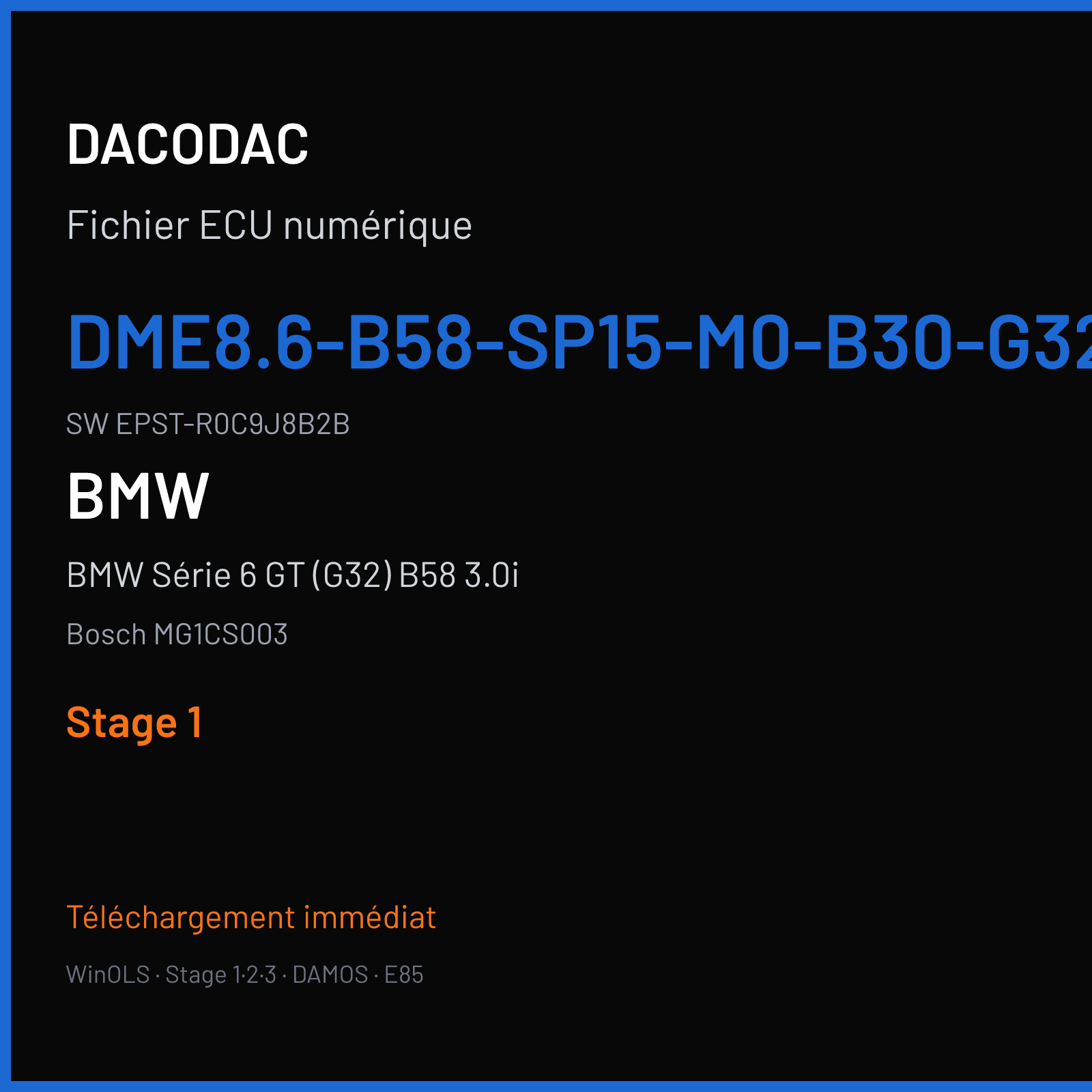 BMW Série 6 GT (G32) B58 3.0i (2019) — Bosch MG1CS003 — DME8.6-B58-SP15-M0-B30-G32-ECE-EU6C--- · EPST-R0C9J8B2B — Stage 1
