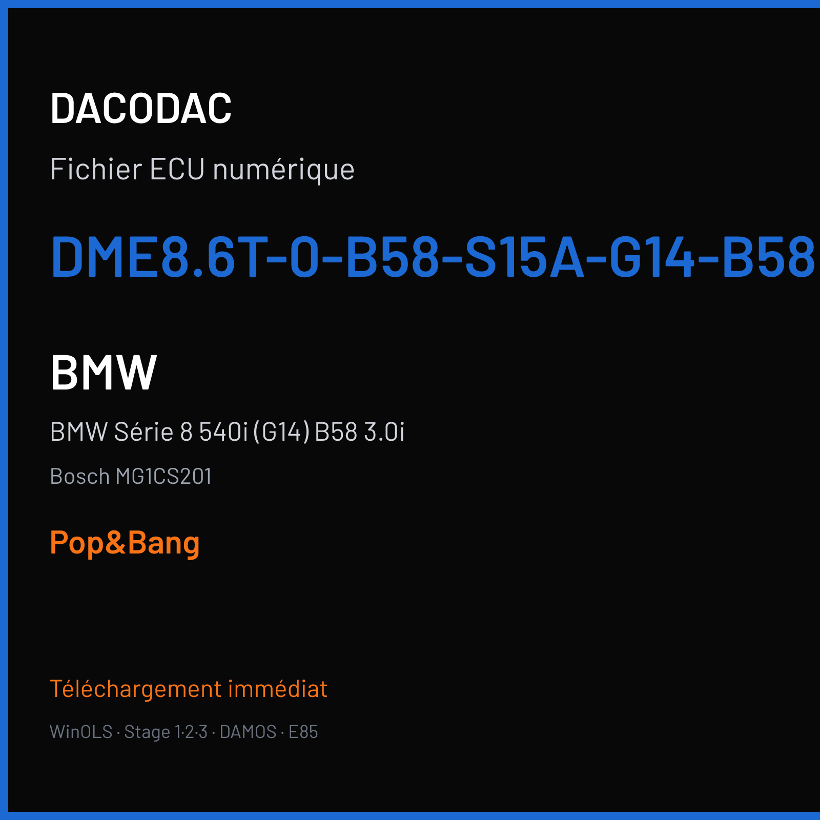 BMW Série 8 540i (G14) B58 3.0i (2018) — Bosch MG1CS201 — DME8.6T-0-B58-S15A-G14-B58B30M1-RWD---RMKS-ROW-EU6-PVL — Pop&Bang