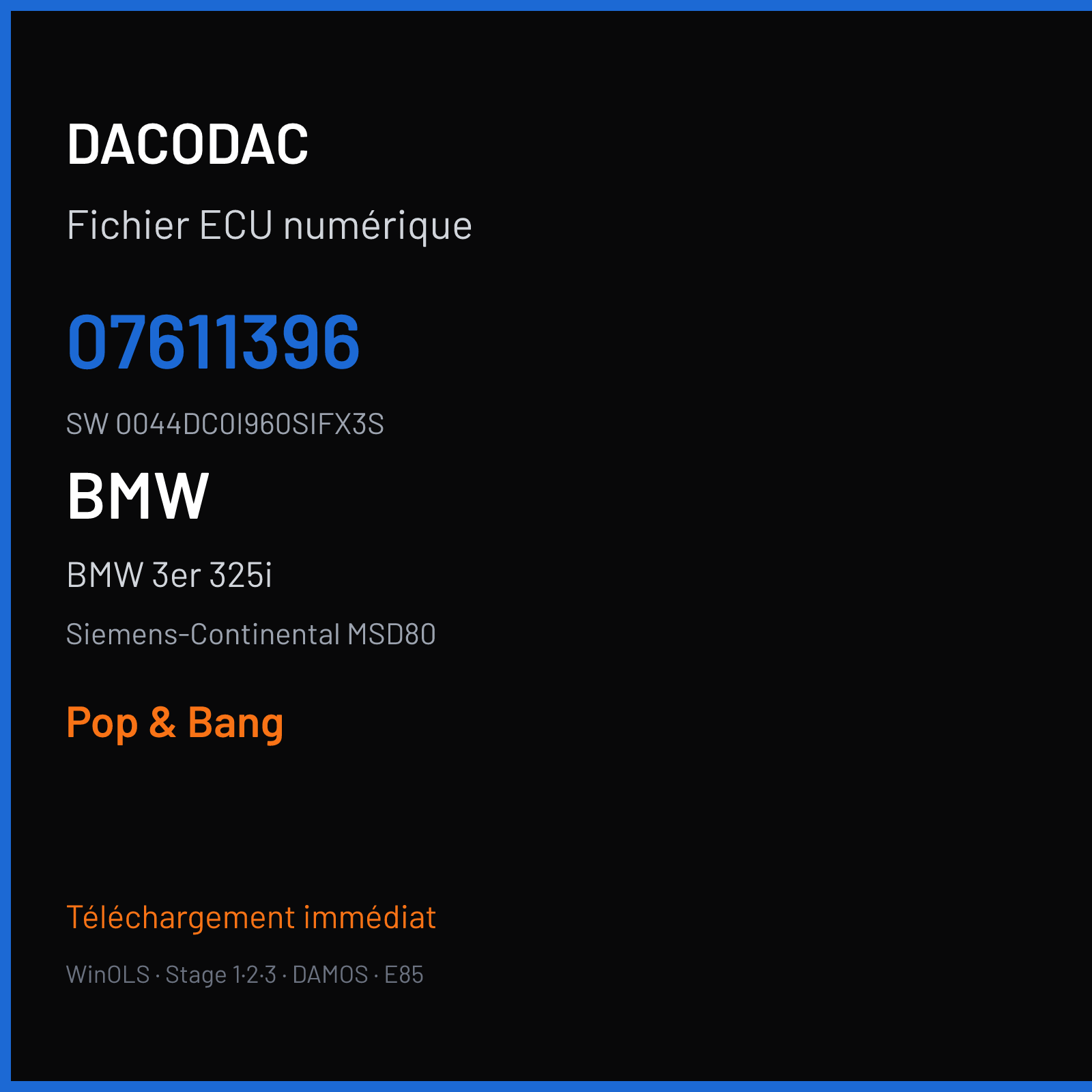 BMW 3er 325i 218 ch (2007) — Siemens-Continental MSD80 — 07611396 · 0044DC0I960SIFX3S · 07635192 — Pop & Bang