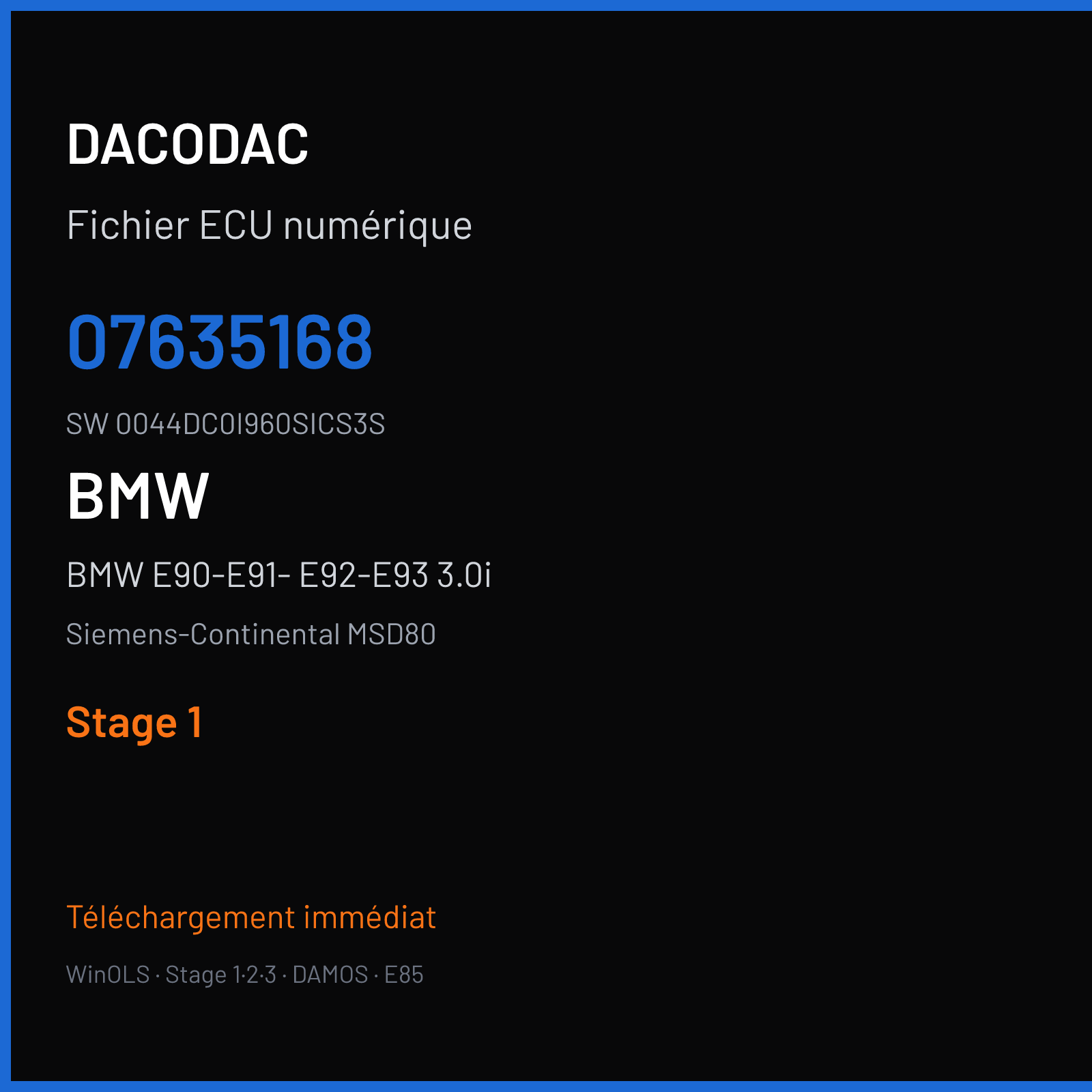 BMW E90-E91- E92-E93 3.0i 218 ch (2007) — Siemens-Continental MSD80 — 07635168 · 0044DC0I960SICS3S · I960S — Stage 1