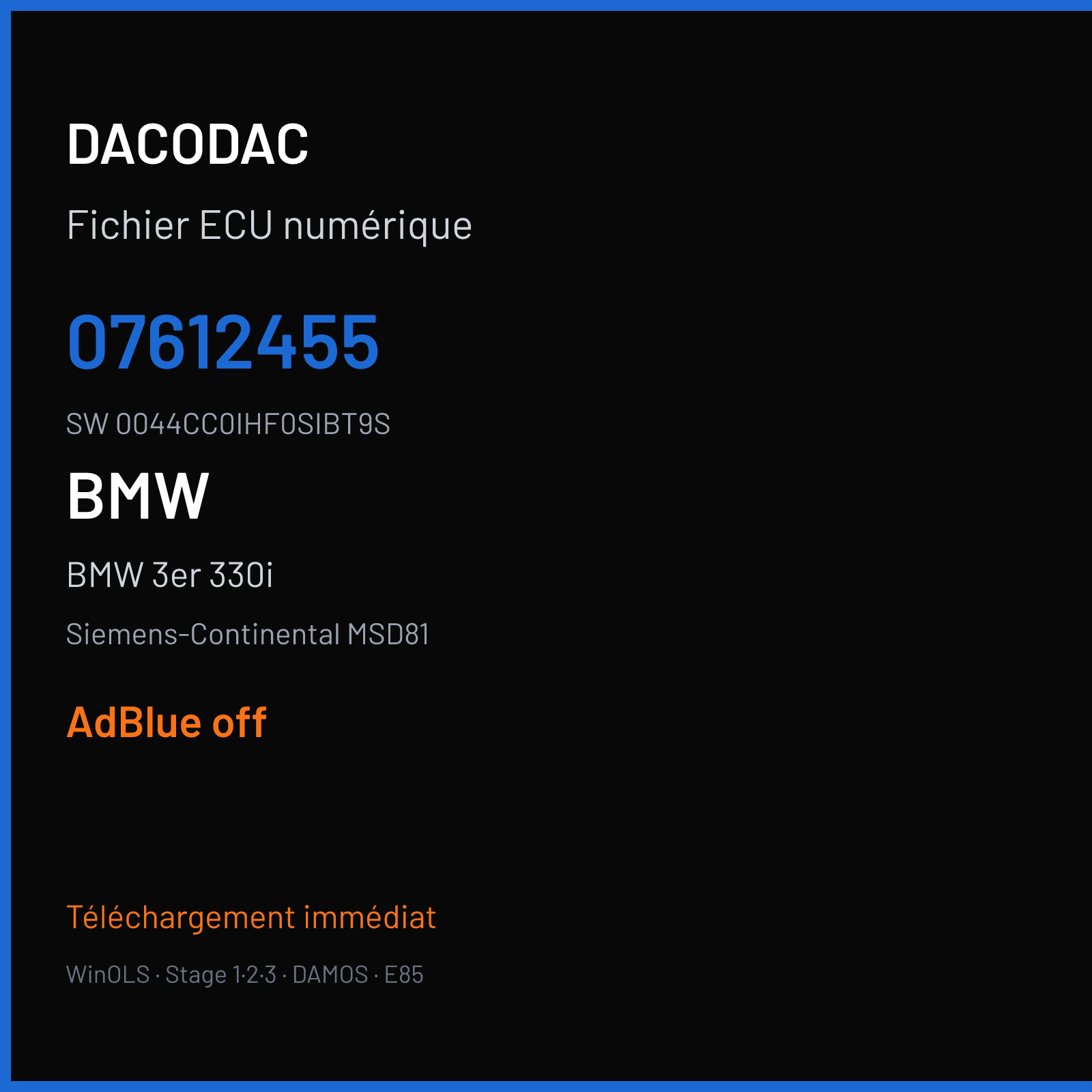 BMW 3er 330i 272 ch (2012) — Siemens-Continental MSD81 — 07612455 · 0044CC0IHF0SIBT9S · IHF0S — ADBLUE off