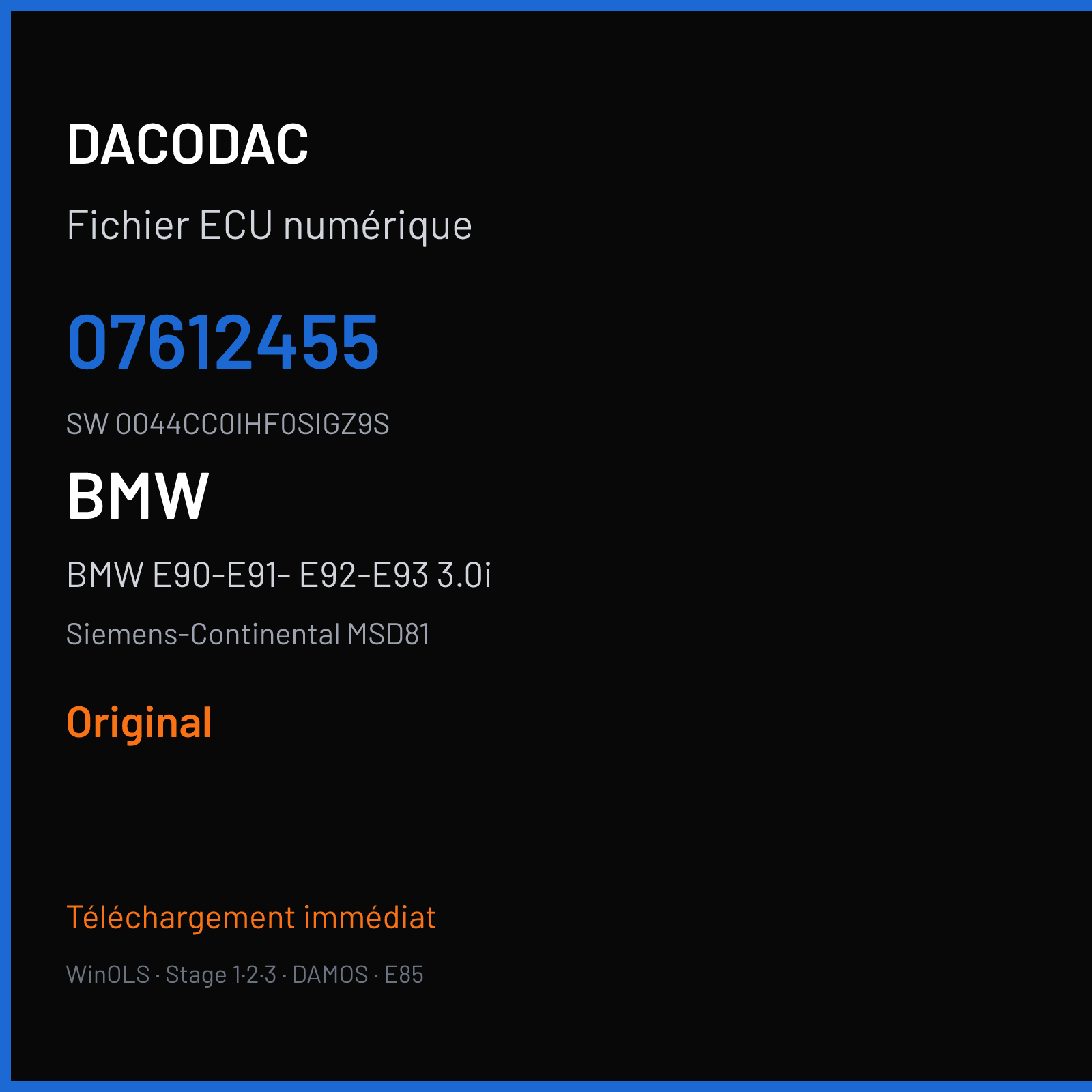 BMW E90-E91- E92-E93 3.0i 218 ch (2008) — Siemens-Continental MSD81 — 07612455 · 0044CC0IHF0SIGZ9S · IHF0S — Original