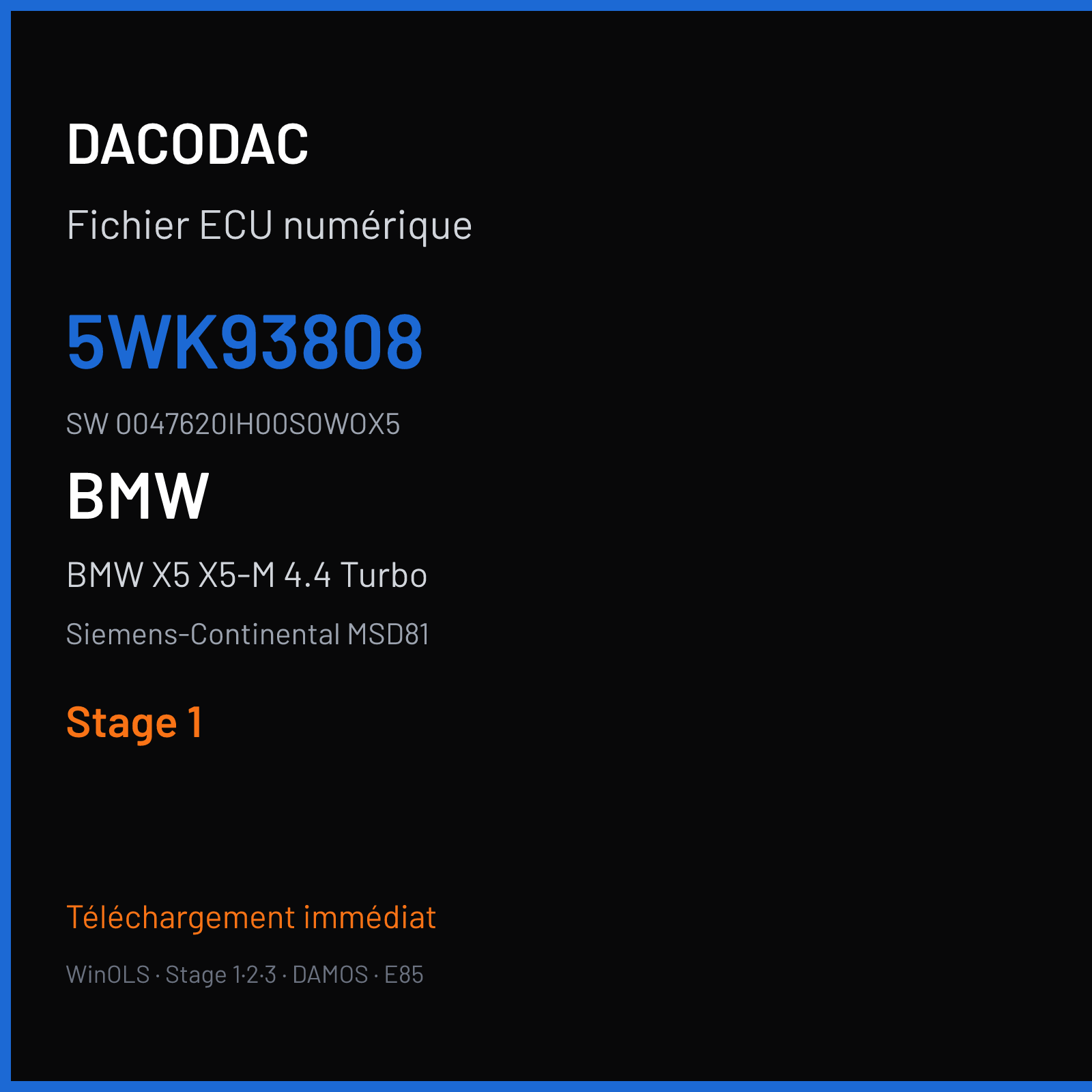 BMW X5 X5-M 4.4 Turbo 555 ch (2011) — Siemens-Continental MSD81 — 5WK93808 · 0047620IH00S0WOX5 · 762IH0 — Stage 1