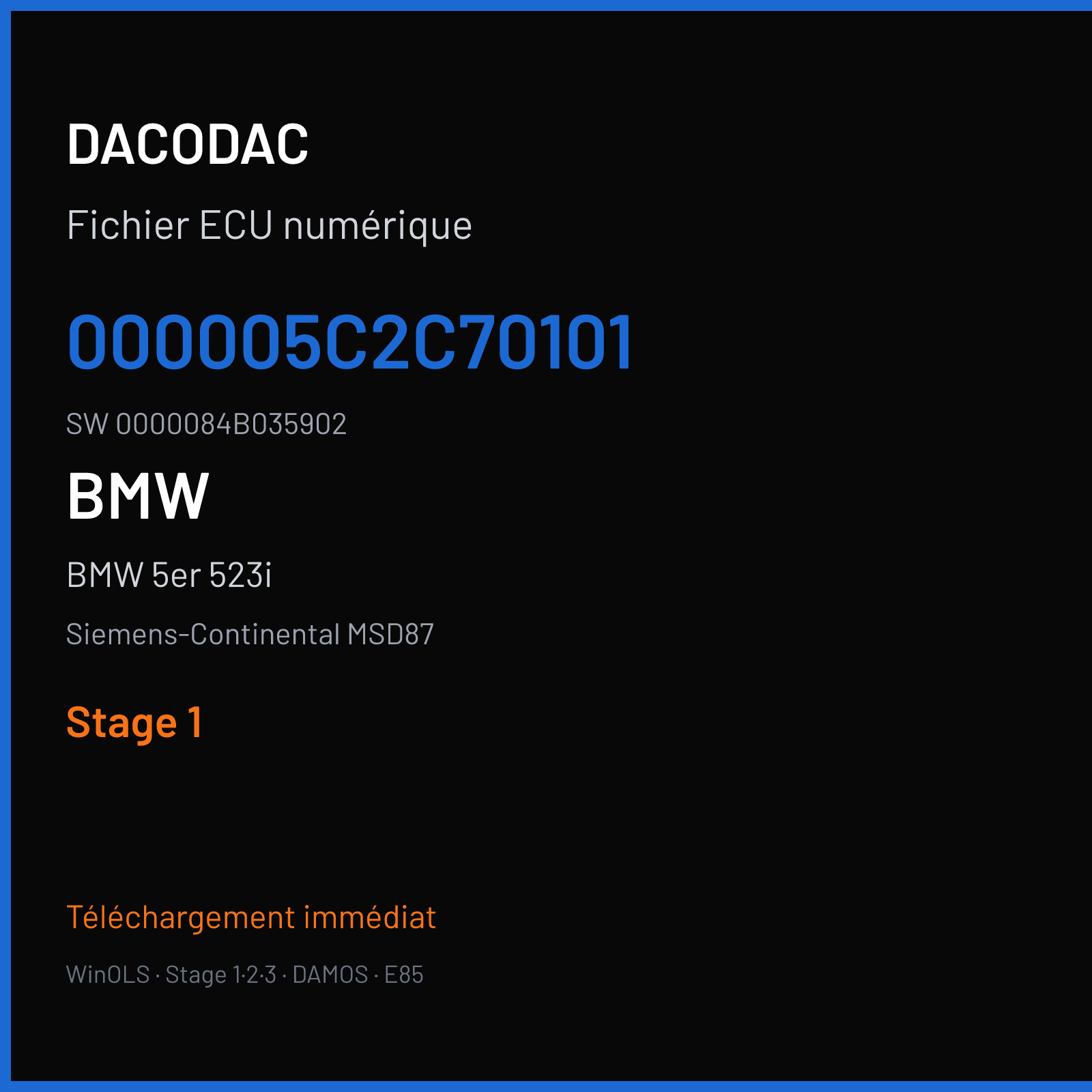 BMW 5er 523i 204 ch (2012) — Siemens-Continental MSD87 — 000005C2C70101 · 0000084B035902 · 00000888C70104 — Stage 1