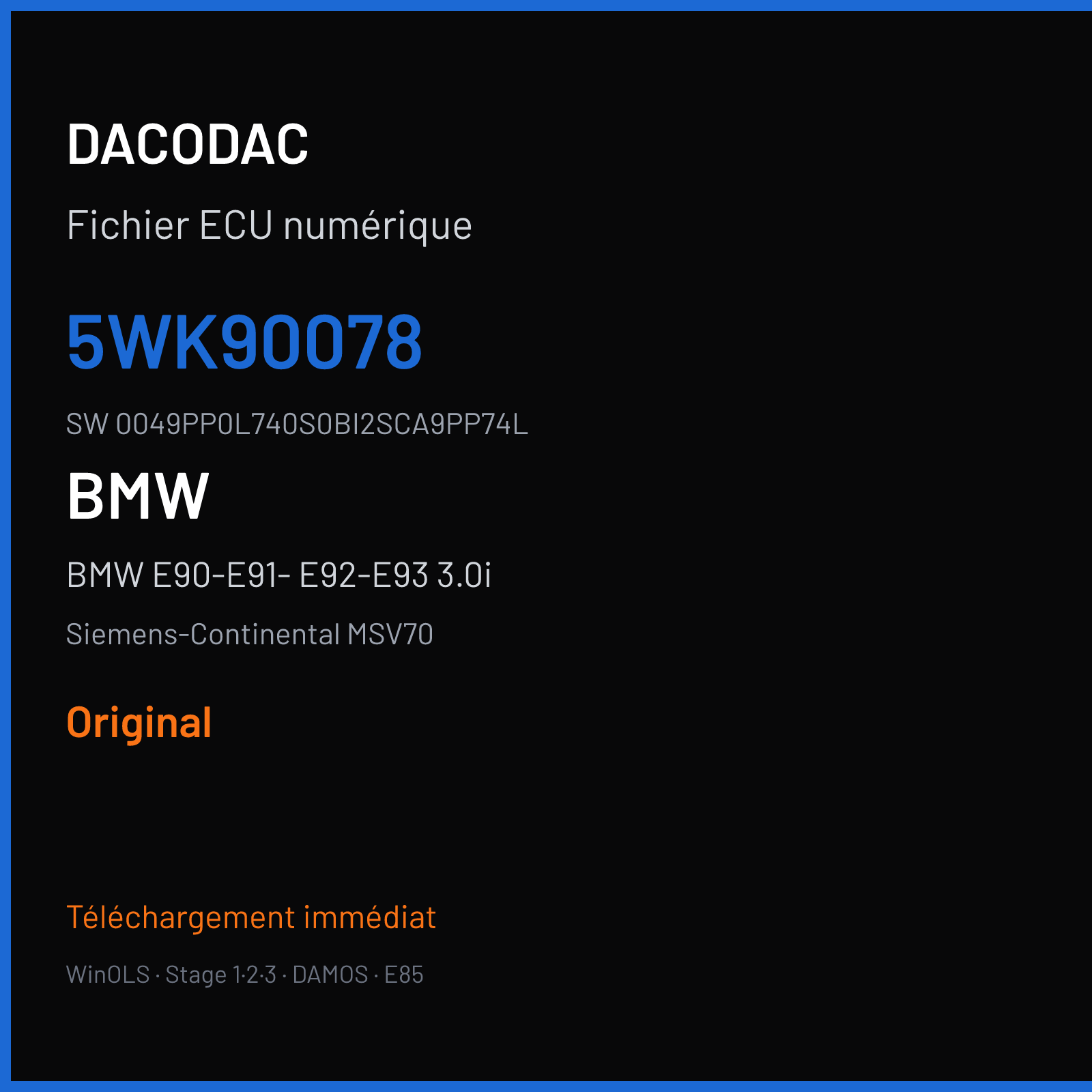 BMW E90-E91- E92-E93 3.0i 218 ch (2008) — Siemens-Continental MSV70 — 5WK90078 · 0049PP0L740S0BI2SCA9PP74L · 9PP74L — Original
