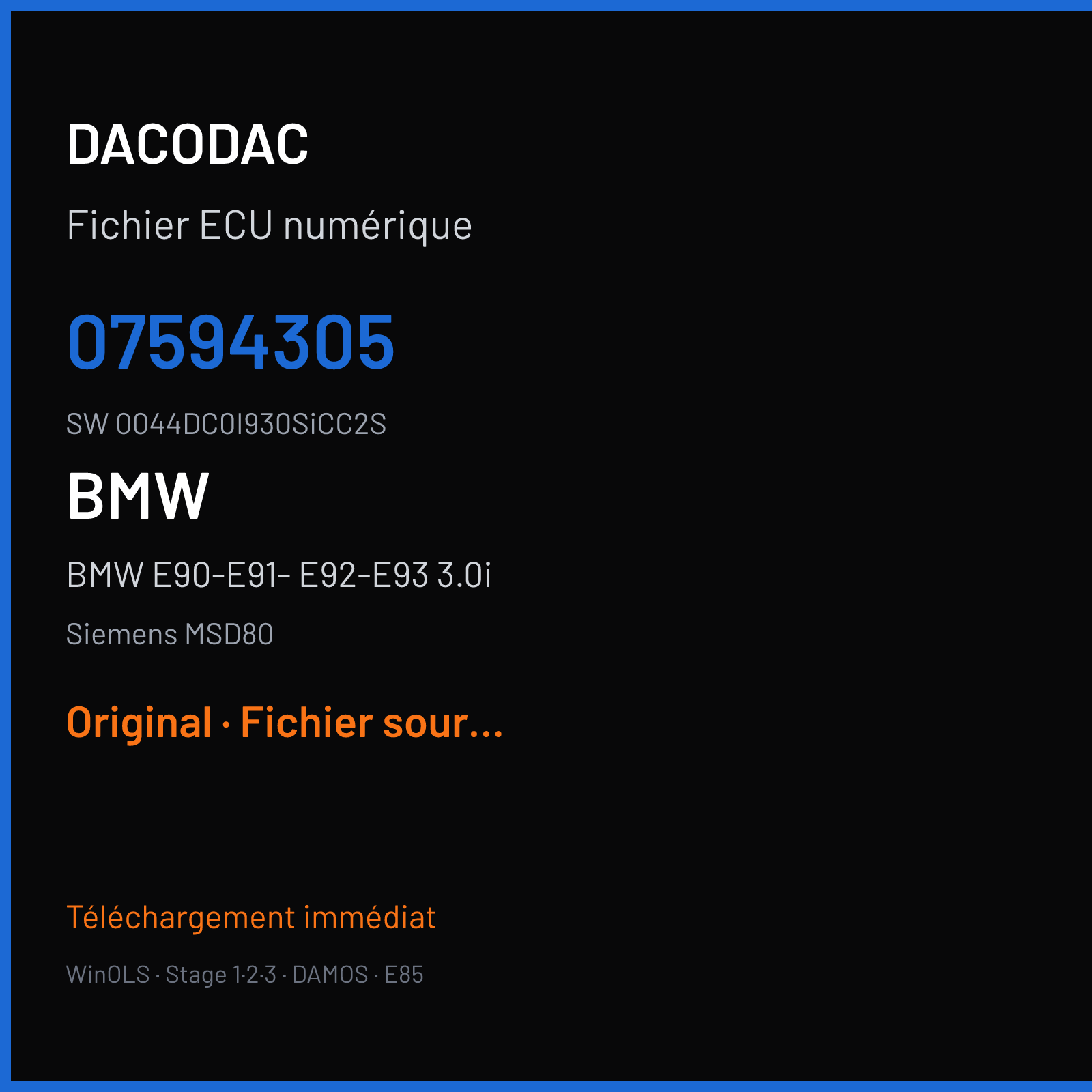BMW E90-E91- E92-E93 3.0i (2008) — Siemens MSD80 — 07594305 · 0044DC0I930SiCC2S — Original