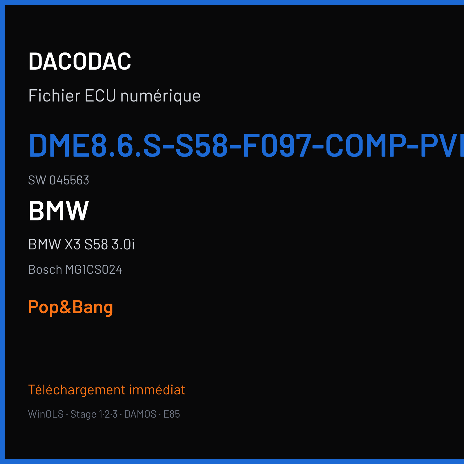 BMW X3 S58 3.0i — Bosch MG1CS024 — DME8.6.S-S58-F097-COMP-PVL · 045563 — Pop&Bang