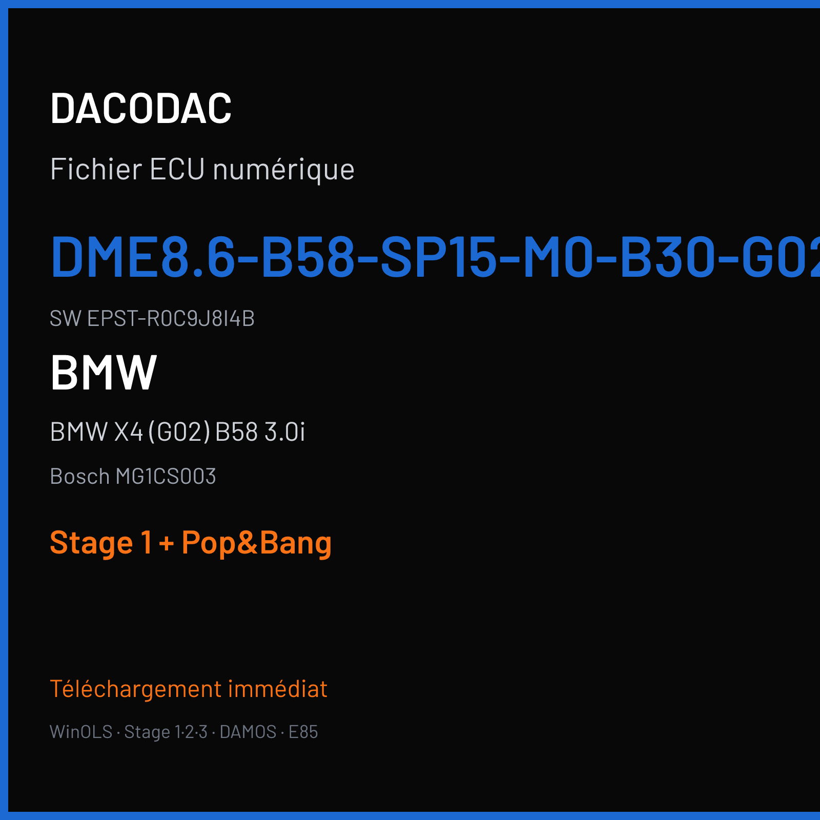 BMW X4 (G02) B58 3.0i (2018) — Bosch MG1CS003 — DME8.6-B58-SP15-M0-B30-G02-ECE---EU6D- · EPST-R0C9J8I4B — Stage 1 + Pop&Bang