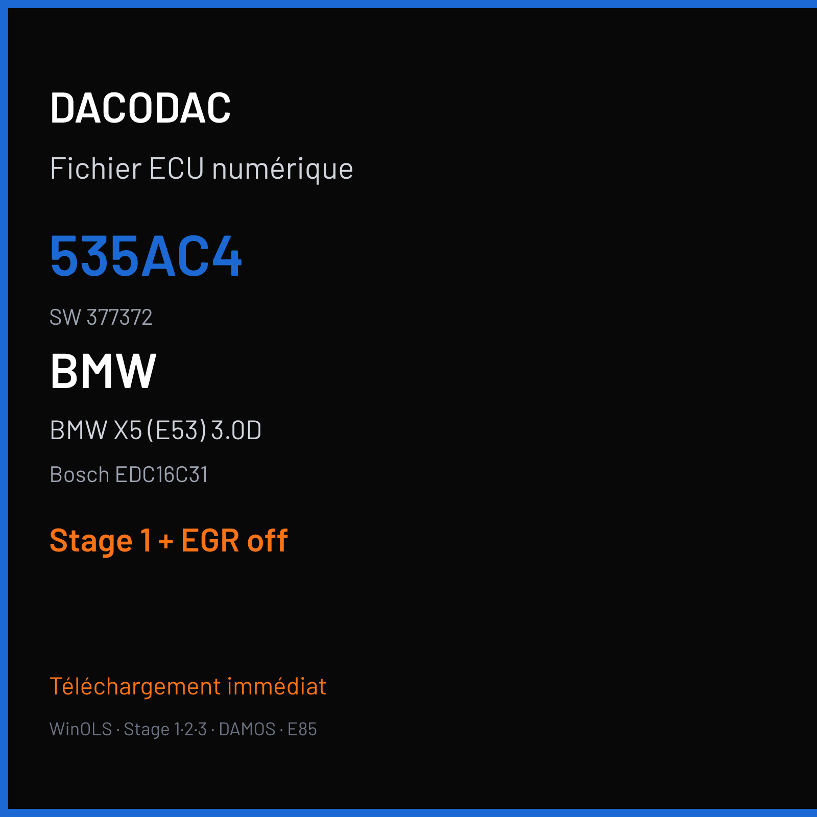 BMW X5 (E53) 3.0D (2005) — Bosch EDC16C31 — 535AC4 · 377372 — Stage 1 + EGR off