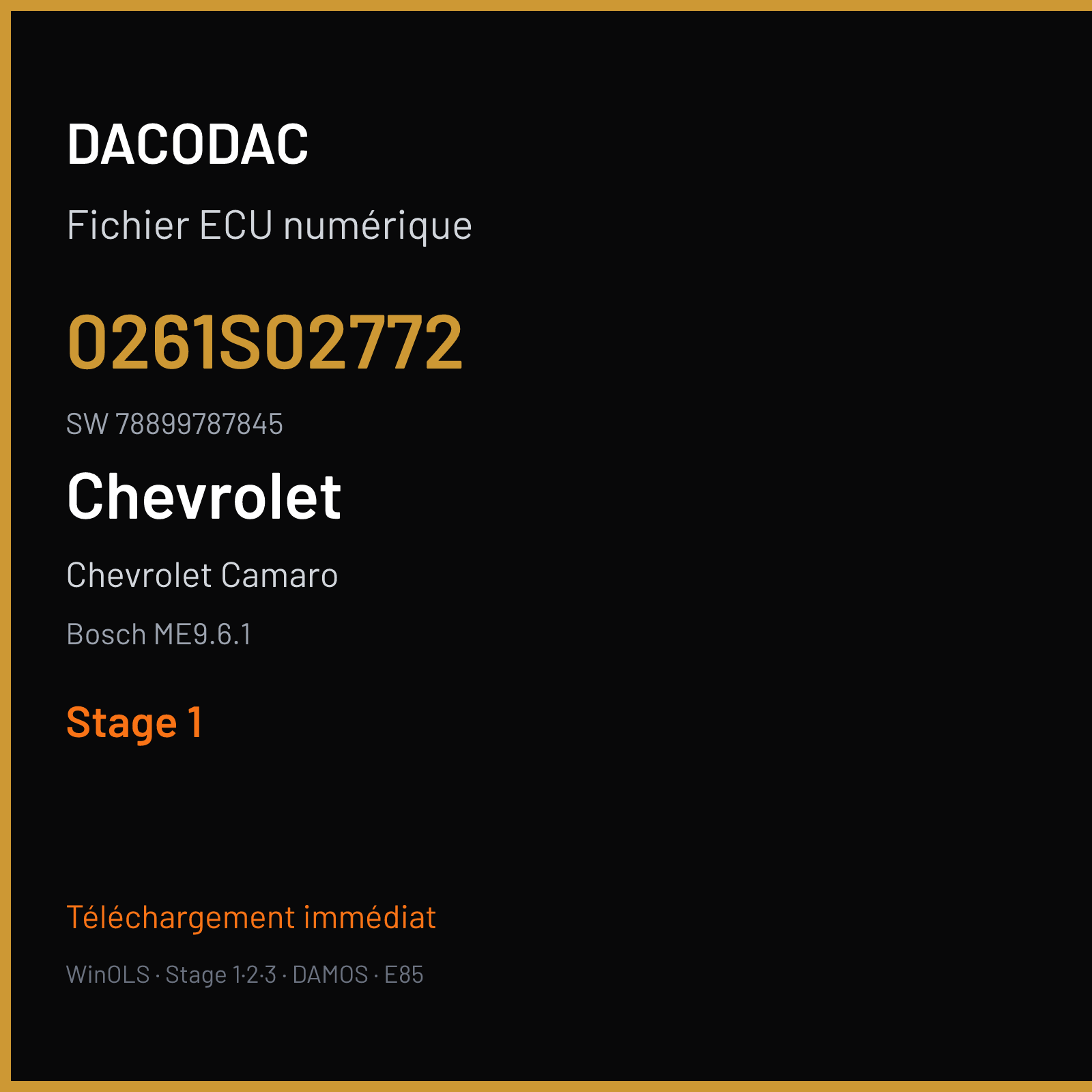Chevrolet Camaro 300 ch — Bosch ME9.6.1 — 0261S02772 · 78899787845 · 504149 — Stage 1
