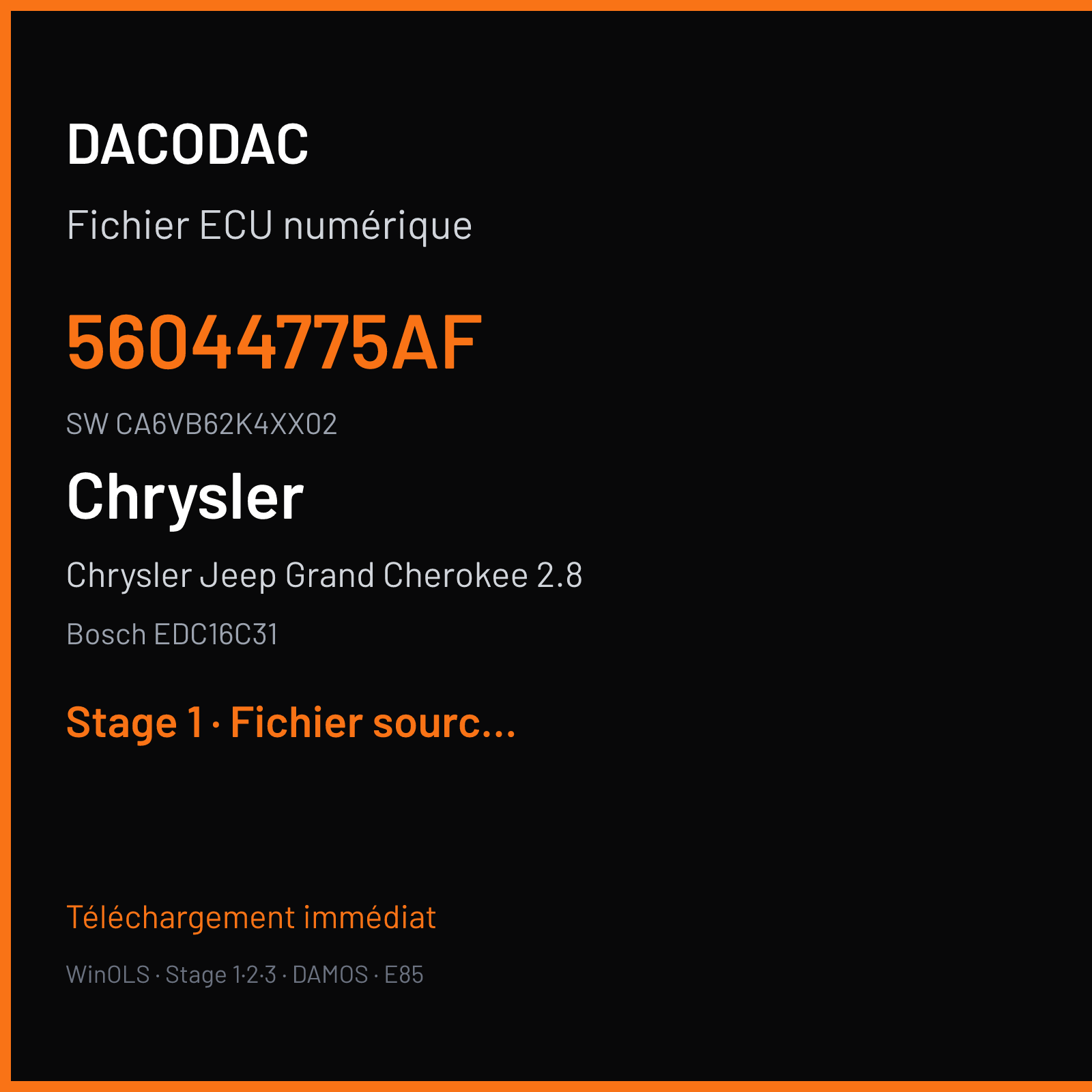Chrysler Jeep Grand Cherokee 2.8 163 ch (2006) — Bosch EDC16C31 — 56044775AF · CA6VB62K4XX02 · 377524 — Stage 1