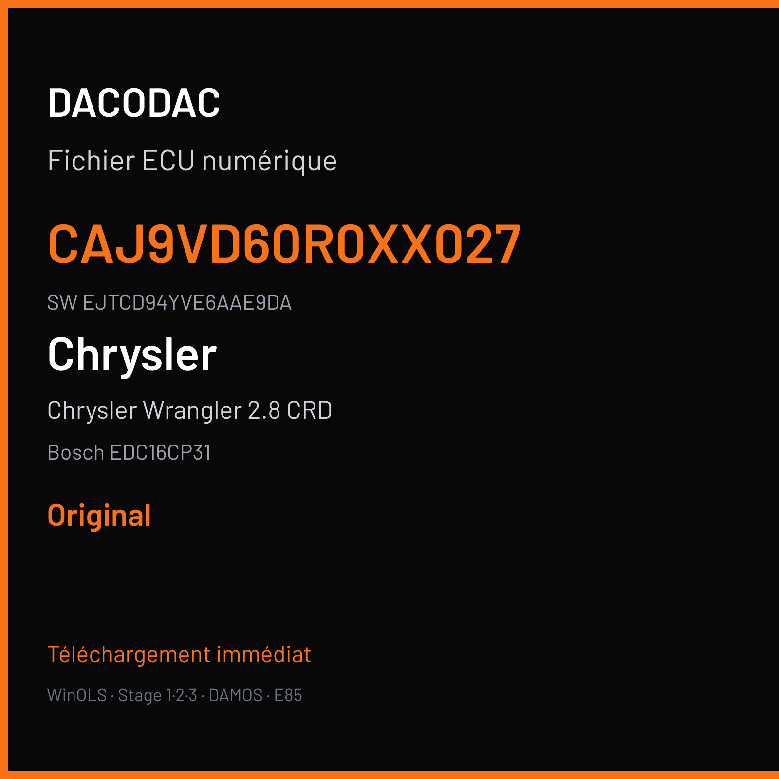 Chrysler Wrangler 2.8 CRD 177 ch (2009) — Bosch EDC16CP31 — CAJ9VD60R0XX027 · EJTCD94YVE6AAE9DA · 396188 — Original