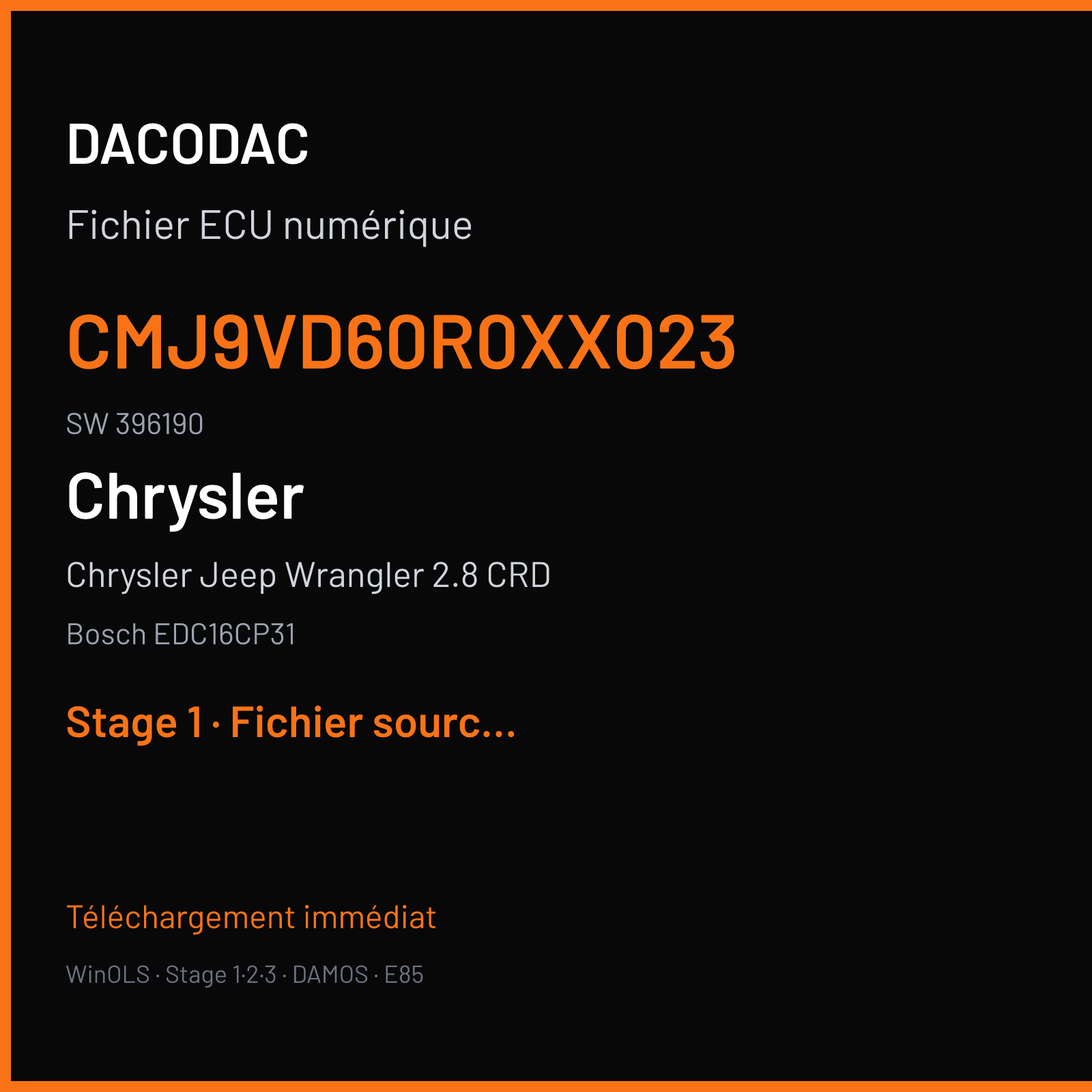 Chrysler Jeep Wrangler 2.8 CRD (2009) — Bosch EDC16CP31 — CMJ9VD60R0XX023 · 396190 — Stage 1