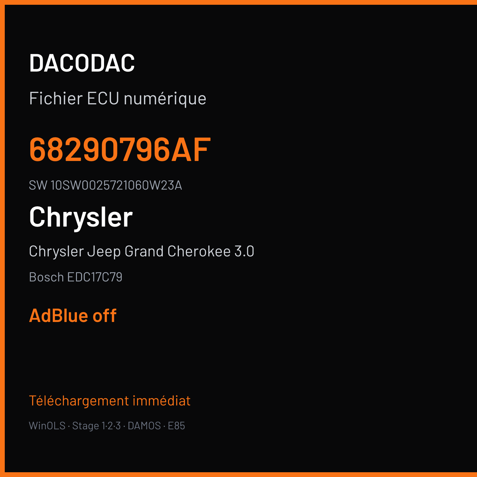 Chrysler Jeep Grand Cherokee 3.0 250 ch (2016) — Bosch EDC17C79 — 68290796AF · 10SW0025721060W23A · 002572 — ADBLUE off