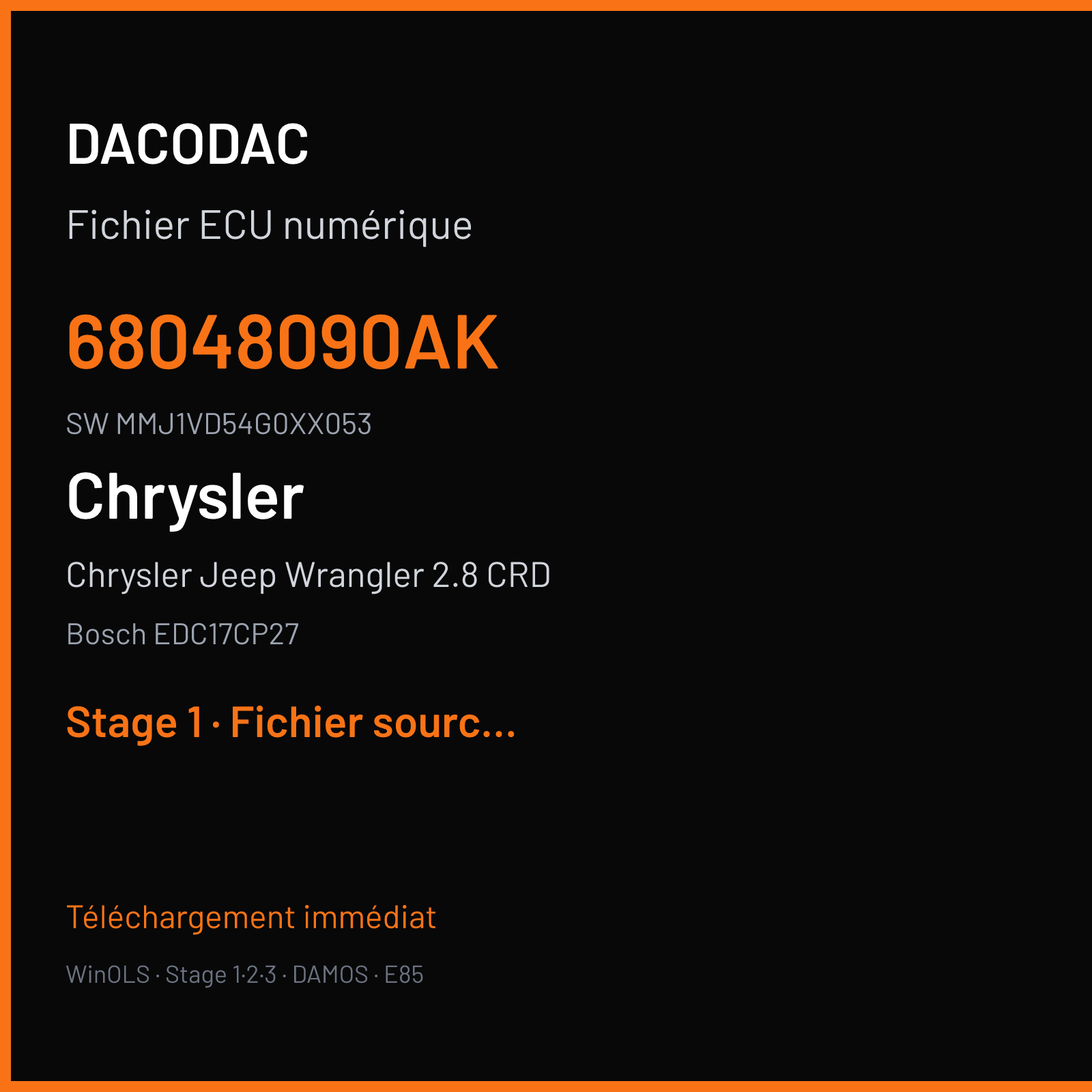 Chrysler Jeep Wrangler 2.8 CRD 200 ch (2012) — Bosch EDC17CP27 — 68048090AK · MMJ1VD54G0XX053 · 527433 — Stage 1